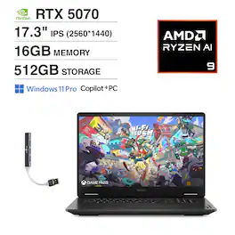 HP - OMEN Laptop 17.3 QHD (AMD Ryzen AI 9 365, 16GB DDR5, 512GB PCIe SSD, GeForce RTX 5070, Win 11 Pro) w/USB Hub