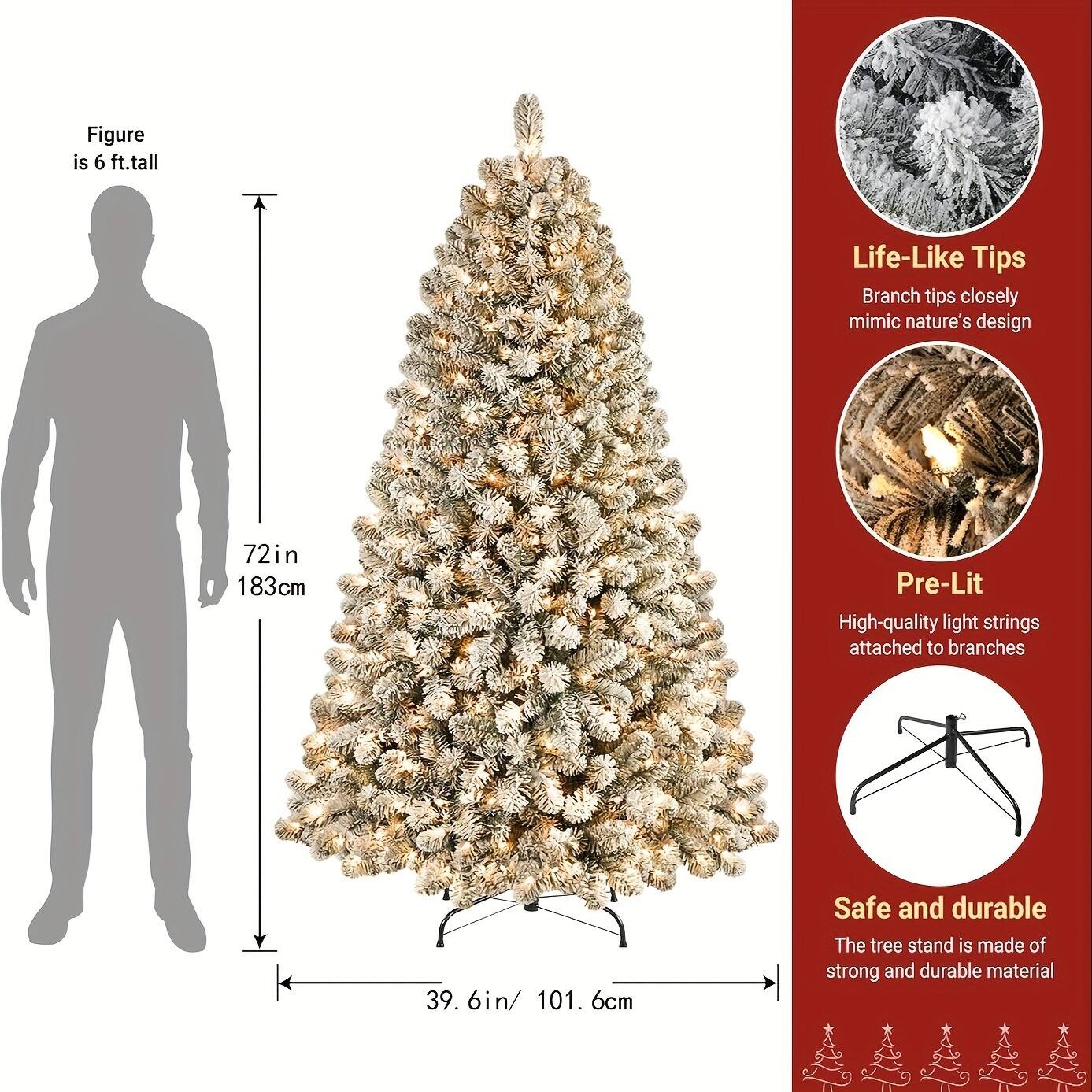 - Figure is 6 ft. tall
- 72in / 183cm
- 39.6in / 101.6cm

- Life-Like Tips
  - Branch tips closely mimic nature's design

- Pre-Lit
  - High-quality light strings attached to branches

- Safe and durable
  - The tree stand is made of strong and durable material