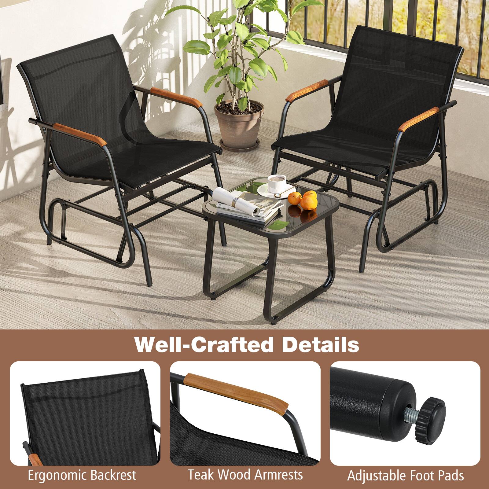 Well-Crafted Details

Ergonomic Backrest

Teak Wood Armrests

Adjustable Foot Pads