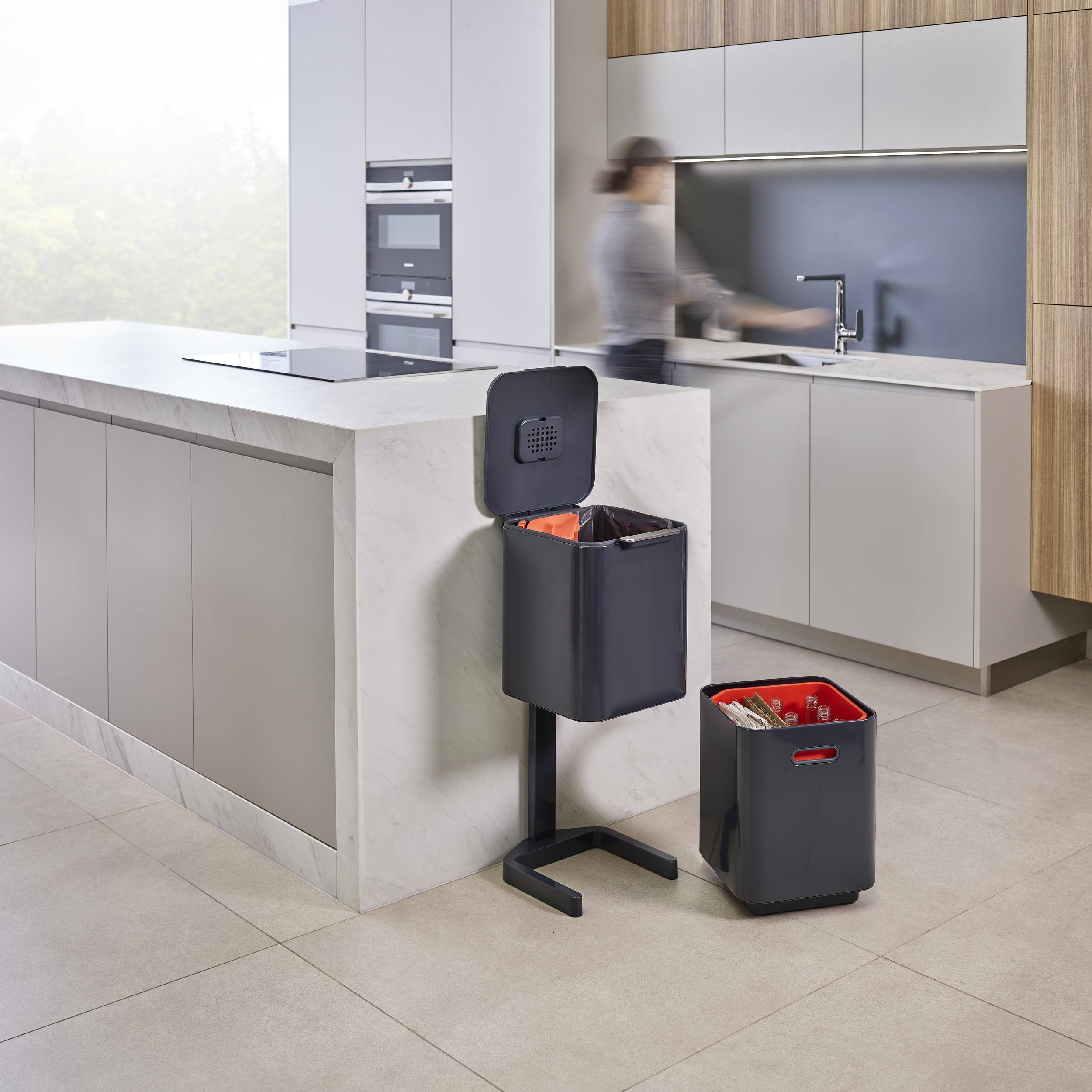 Alt View 2. Joseph Joseph - Totem Compact 40-liter Waste & Recycling Dual Kitchen Trash Can - Graphite.