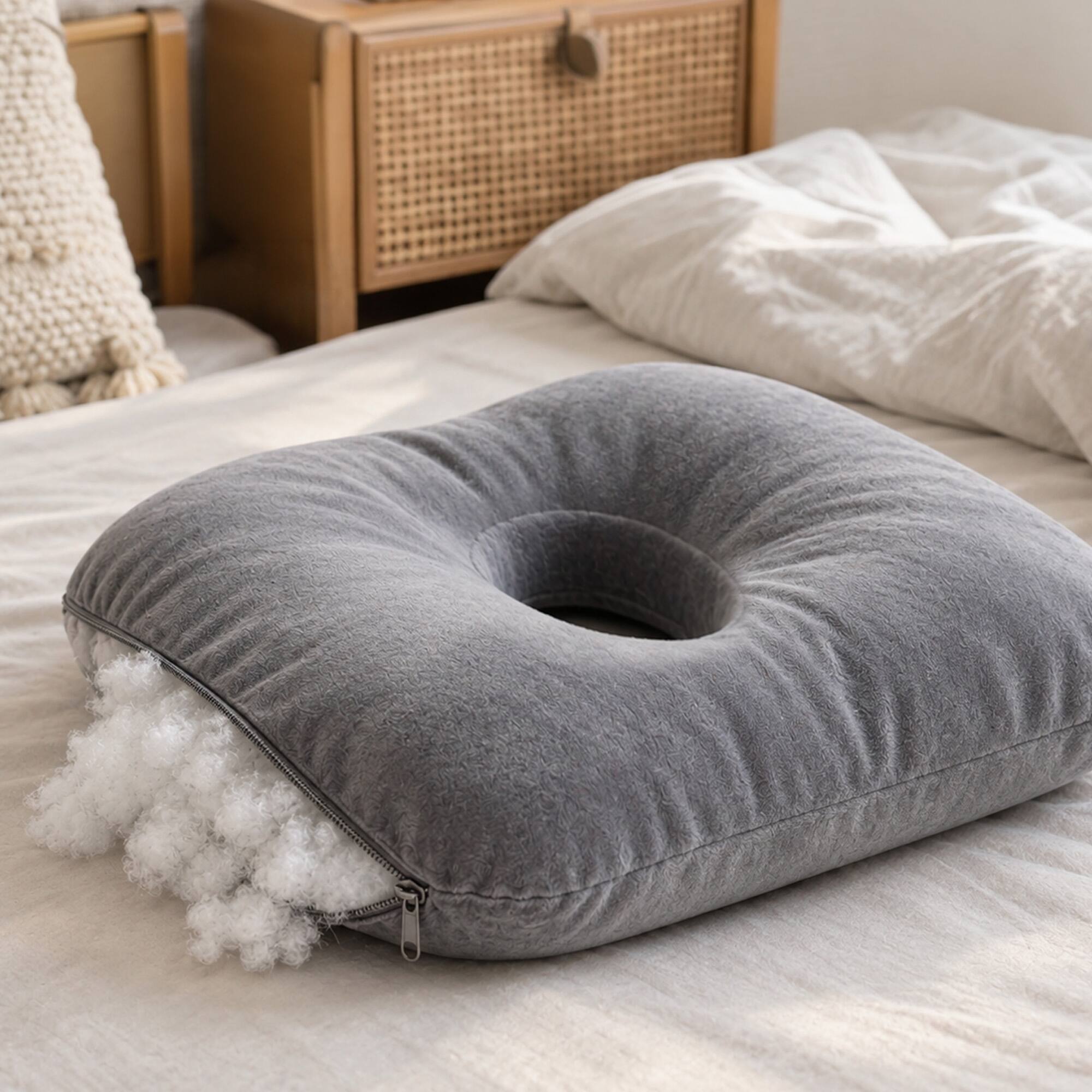 Left. Cheer Collection - Ear Pillow for Side Sleepers with 3.5-Inch Center Opening, Adjustable Fill, 17.3 x 12.6 in - Gray - Gray.