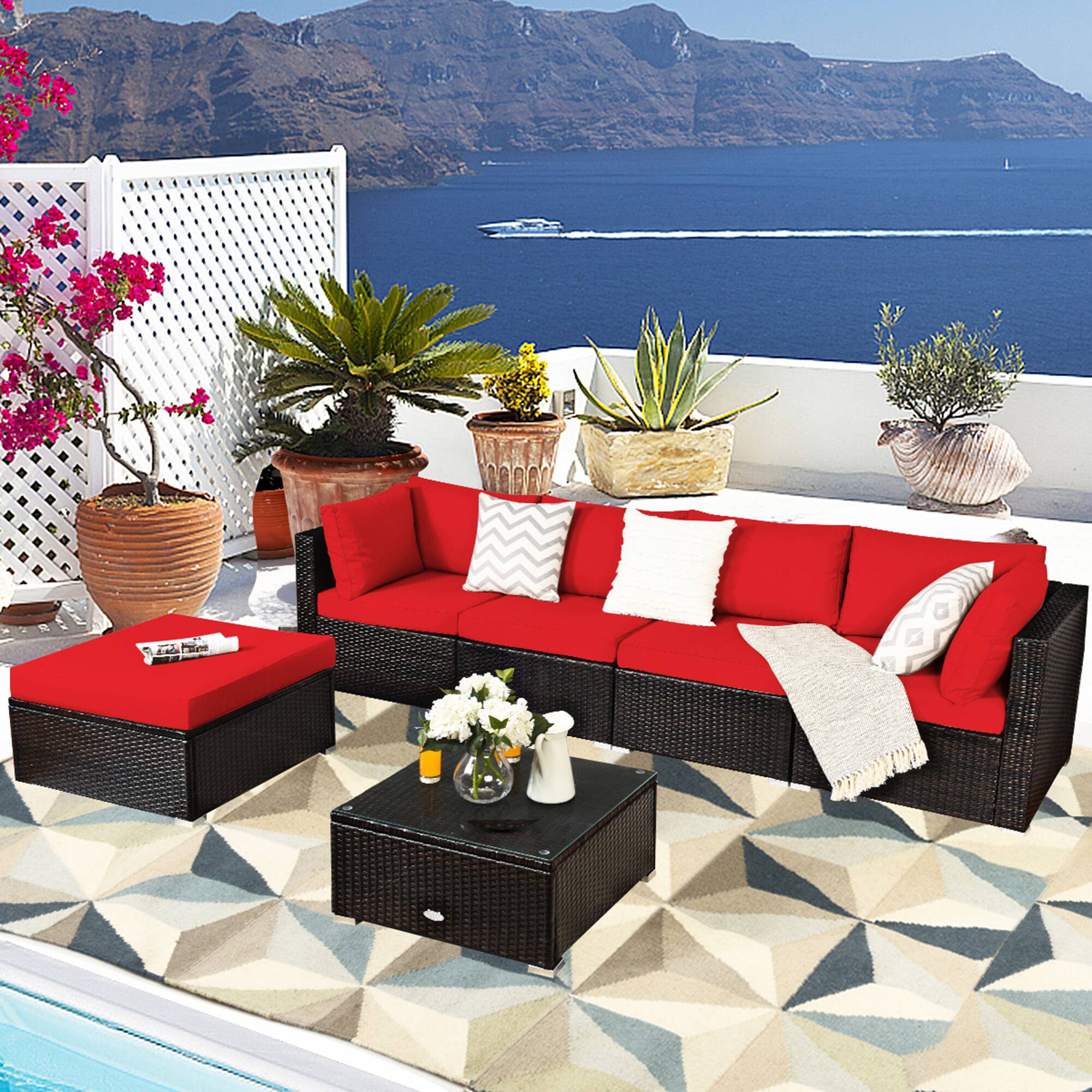 Alt View 8. Gymax - Gymax 6PCS Rattan Patio Sectional Sofa Set Outdoor Furniture Set w/ Red Cushions - Red.