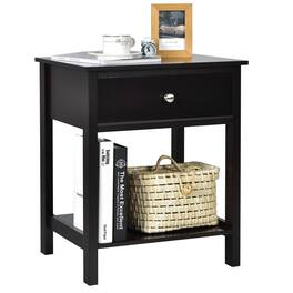 WELLFOR - Wooden Nightstand with Drawer and Storage Shelf for Bedroom & Living Room - Black
