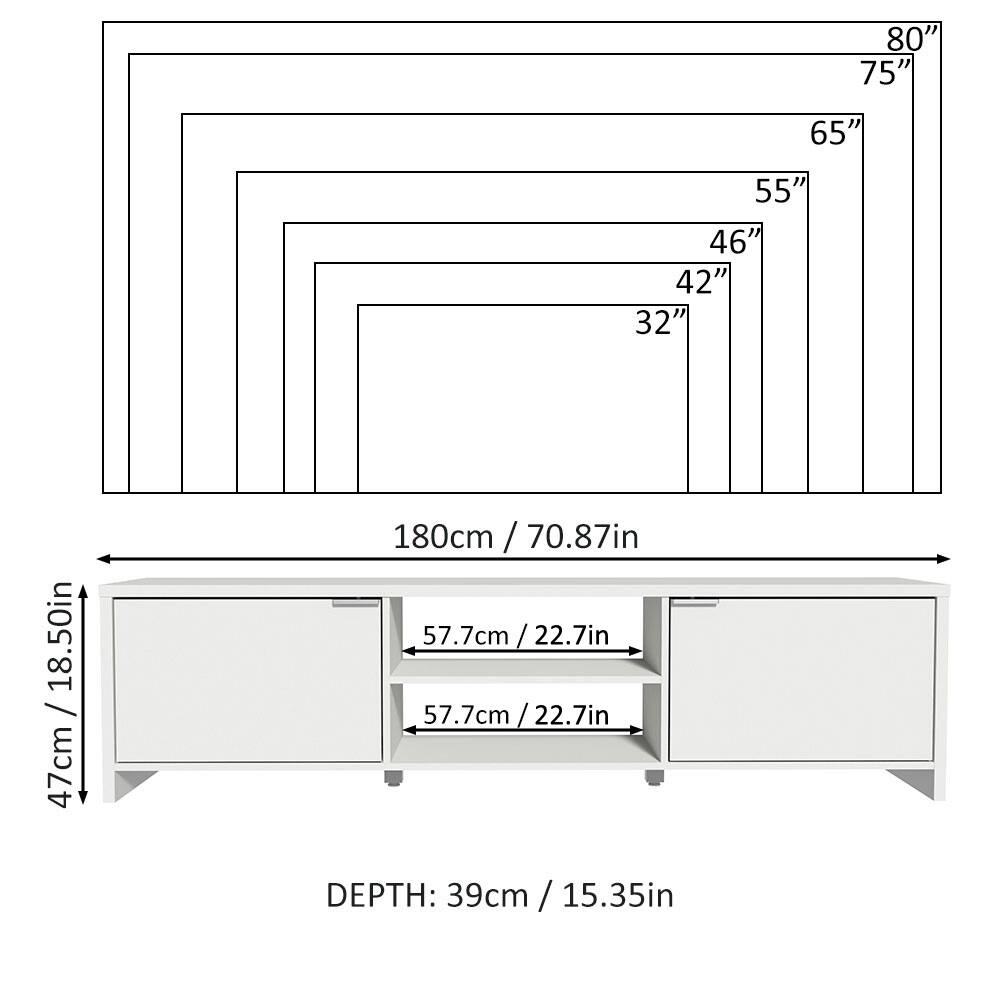- 80"
- 75"
- 65"
- 55"
- 46"
- 42"
- 32"

- 180cm / 70.87in
- 47cm / 18.50in
- 57.7cm / 22.7in
- 57.7cm / 22.7in

- DEPTH: 39cm / 15.35in