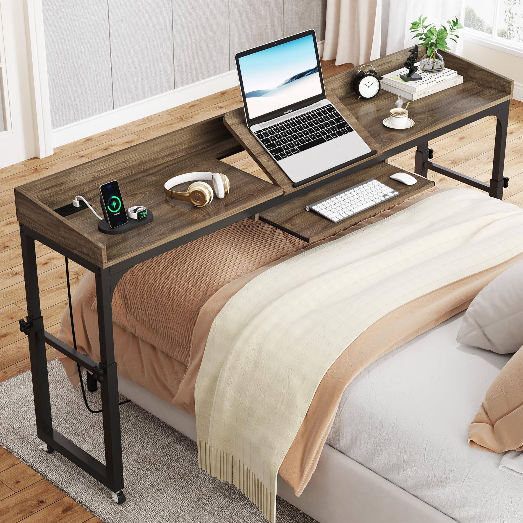 Tribesigns - 70.9-Inch Height-Adjustable Overbed Desk with Wheels and Tilting Laptop Stand for Bedroom - Dark Gray