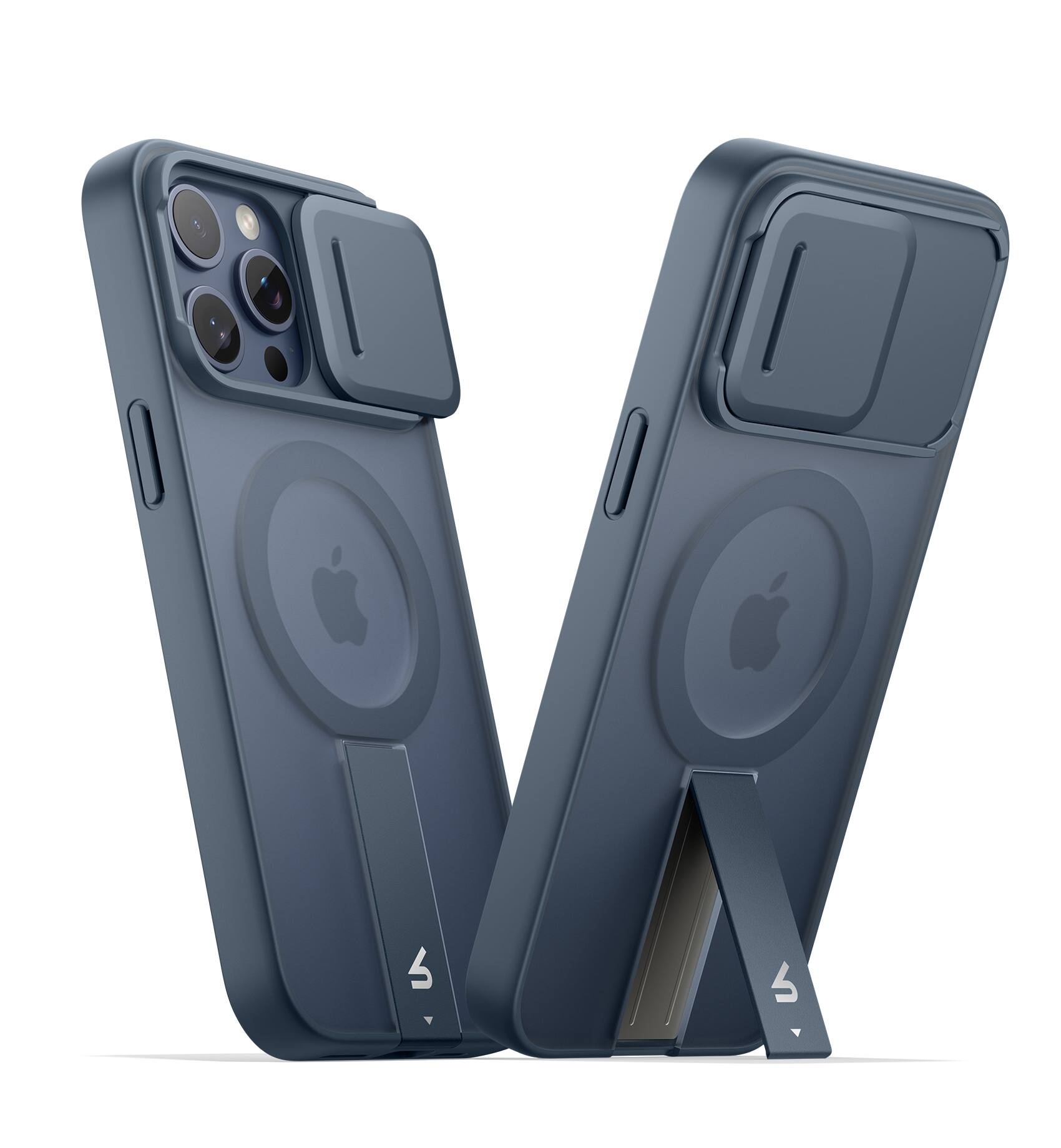 Angle. SURITCH - Rugged Case for iPhone 15 Pro Max, Compatible with MagSafe, Built-in Kickstand & Camera Cover & Translucent Back - Navy Blue.