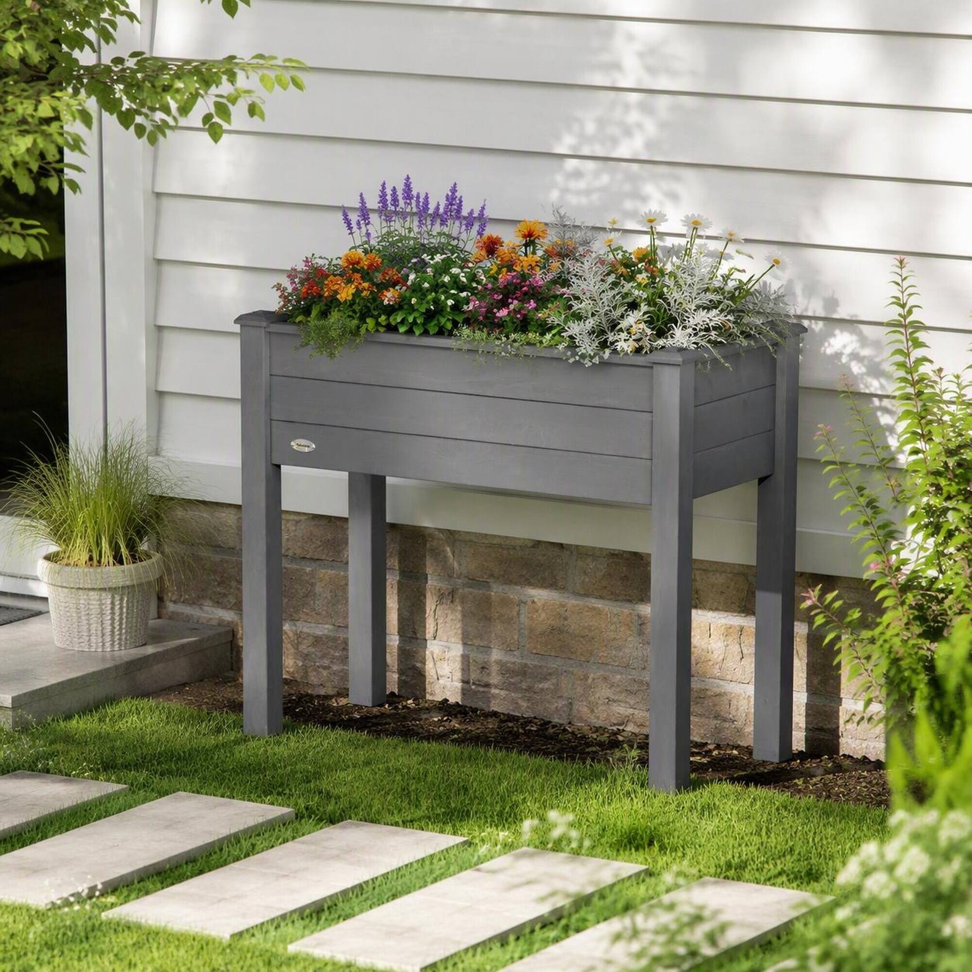 Angle. RYHNUYNE - Raised Garden Bed with Legs 34x18x30 Inch Elevated Wooden Planter Box Self Draining with Fabric Liner - Dark Gray.
