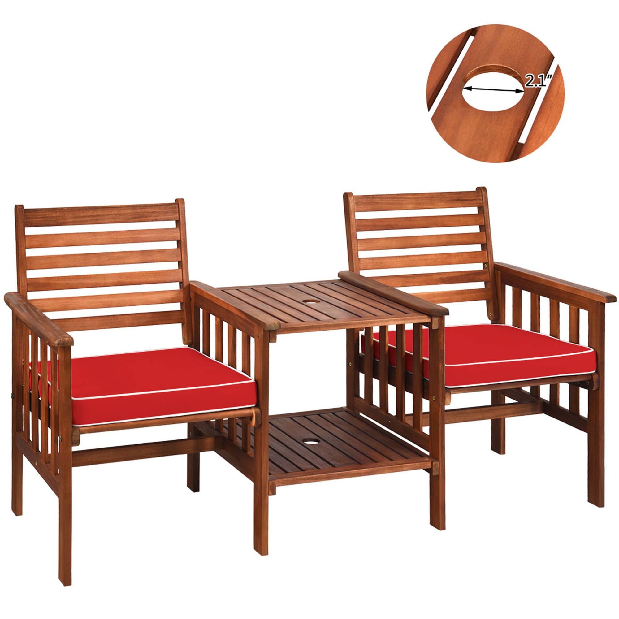 Alt View 3. Gymax - Gymax Acacia Wood Loveseat Patio Outdoor Conversation Set w/ Table Red Cushion - Red+Brown.