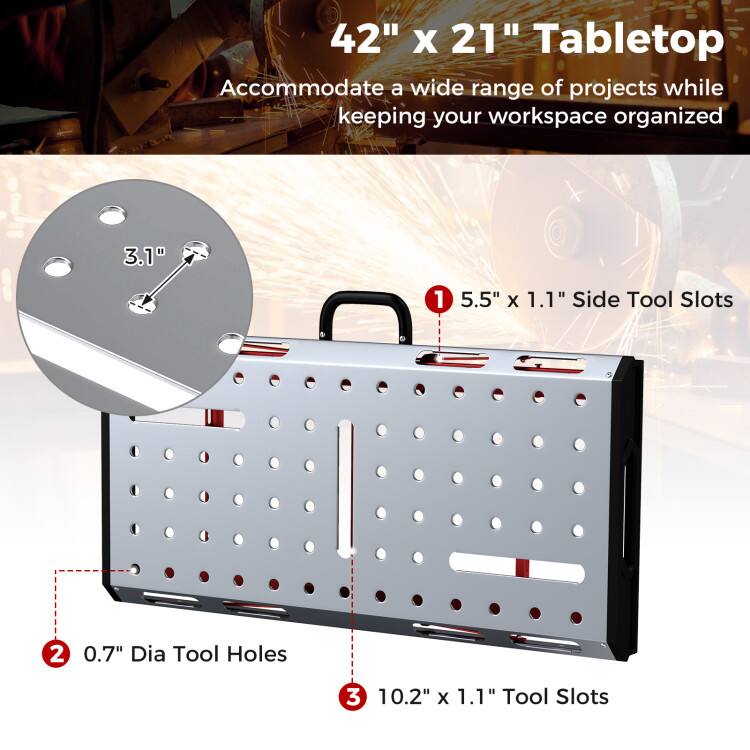 42" x 21" Tabletop  
Accommodate a wide range of projects while keeping your workspace organized  

1. 5.5" x 1.1" Side Tool Slots  
2. 0.7" Dia Tool Holes  
3. 10.2" x 1.1" Tool Slots