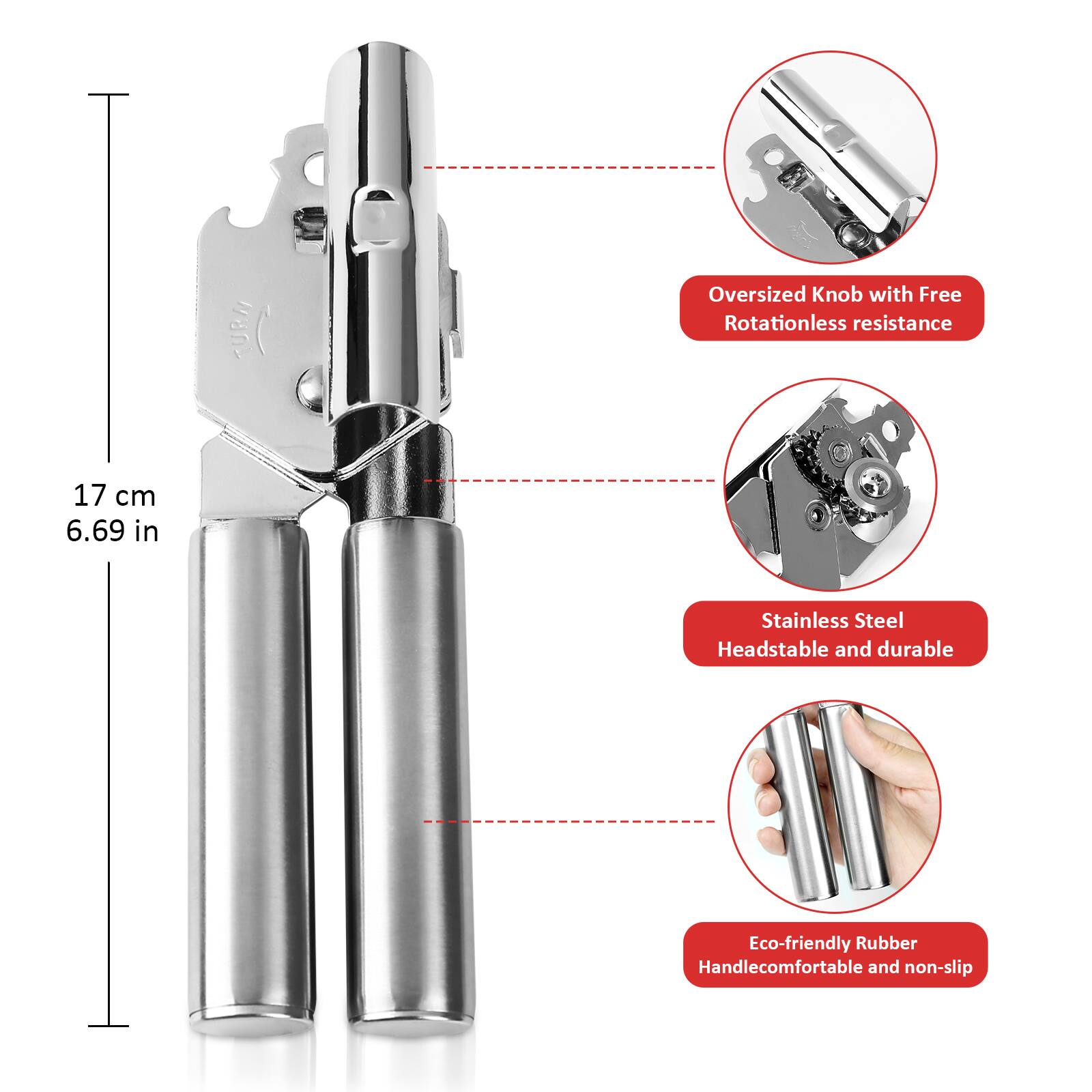 Oversized Knob with Free Rotationless resistance  
17 cm 6.69 in  
Stainless Steel Headstable and durable  
Eco-friendly Rubber Handlecomfortable and non-slip