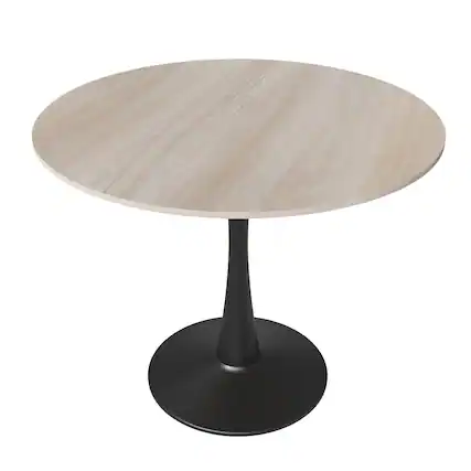 Front. LeisureMod - Bristol Contemporary 35" Round Glossy Dining Table - Minimalist Pedestal Wood & Metal Kitchen Table - Stone - Natural Wood.