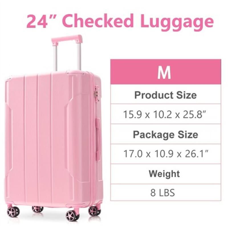 24" Checked Luggage  
M  
Product Size: 15.9 x 10.2 x 25.8"  
Package Size: 17.0 x 10.9 x 26.1"  
Weight: 8 LBS