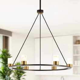 Perimost - 30'' Width Modern Gold Six LED Light Chandeliers with crystal Shade and adjustable Rod