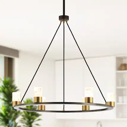 Front. Perimost - 30'' Width Modern Gold Six LED Light Chandeliers with crystal Shade and adjustable Rod.