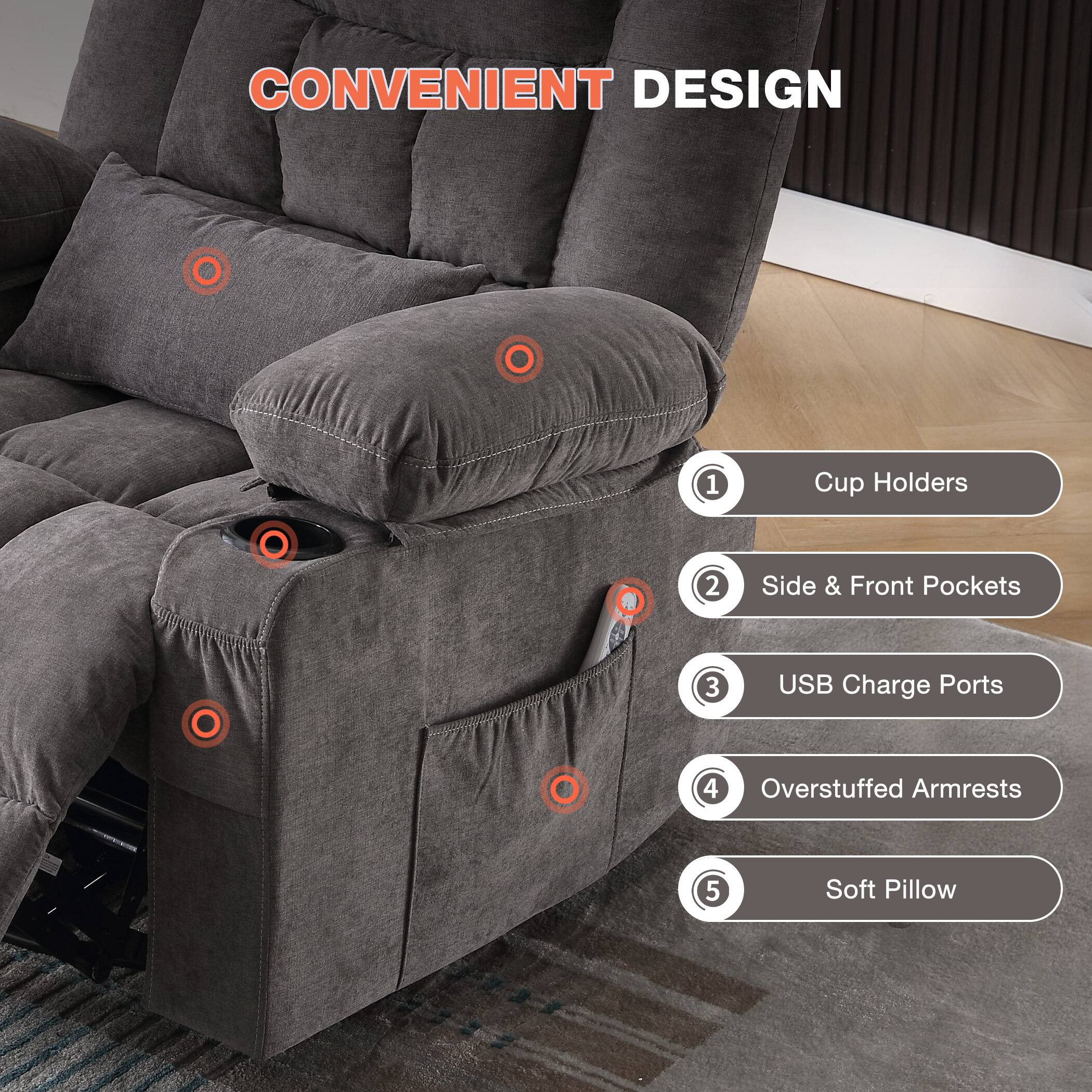 CONVENIENT DESIGN

1. Cup Holders
2. Side & Front Pockets
3. USB Charge Ports
4. Overstuffed Armrests
5. Soft Pillow