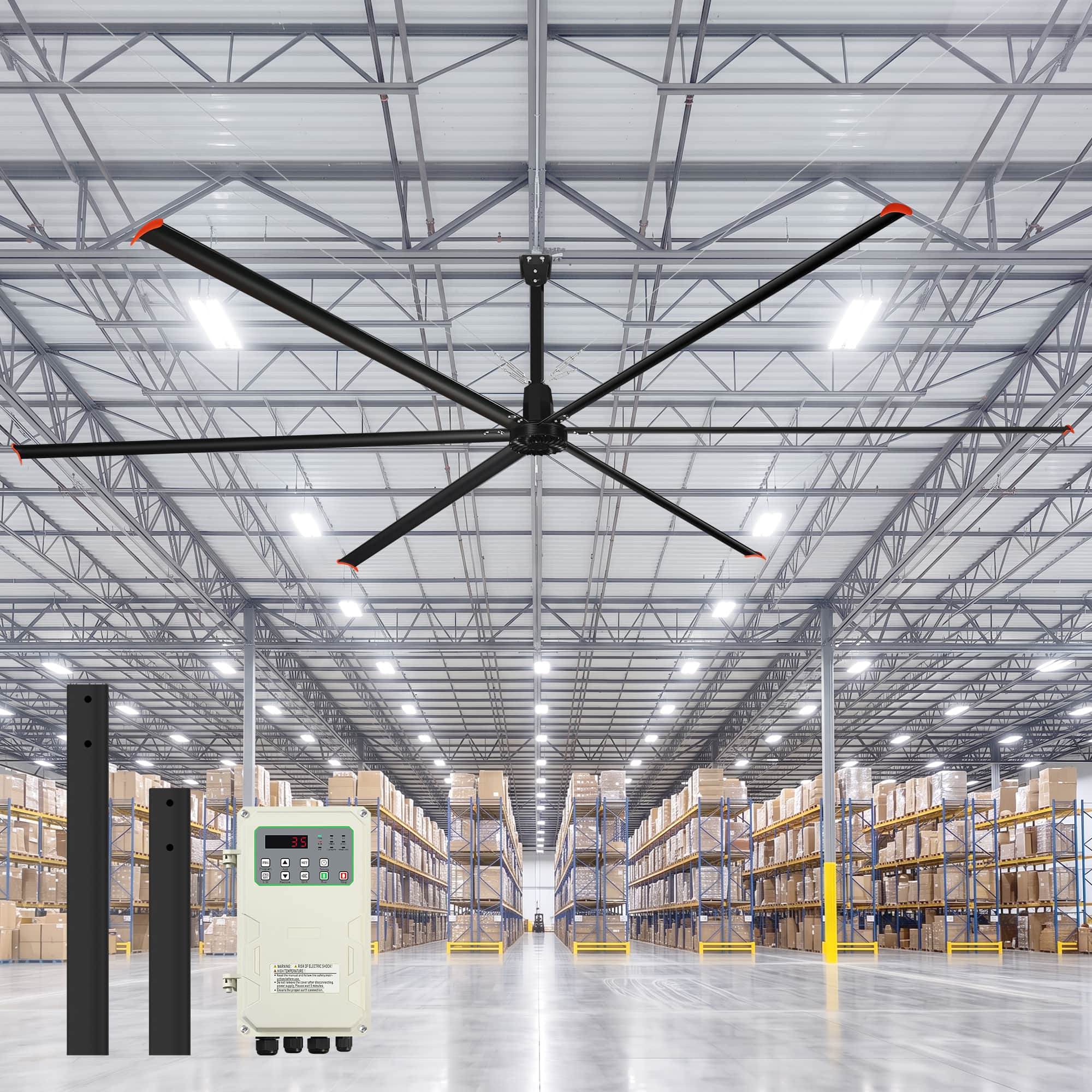 Breezary - 288‑Inch HVLS Industrial Ceiling Fan, 1P 110V, Direct Drive DC Motor, Variable Speed, Aluminum Blades - Matte Black
