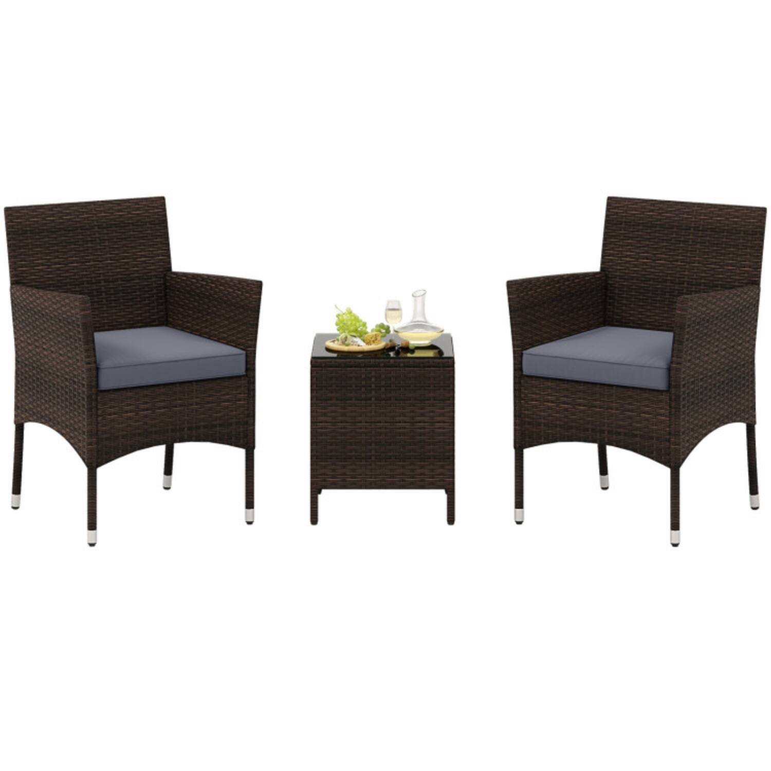 Alt View 3. Mondawe - Compact Freestanding Outdoor Conversation Set with Cushioned Chairs and Glass Table 3-Piece - Mix Brown+Gray.