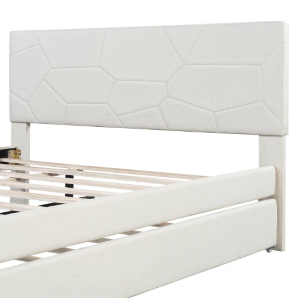 Alt View 2. LUCKY ONE - Queen Size Upholstered Platform Bed with Brick Pattern Headboard and Twin XL Trundle, Linen Fabric, No Box Spring Needed - Beige.