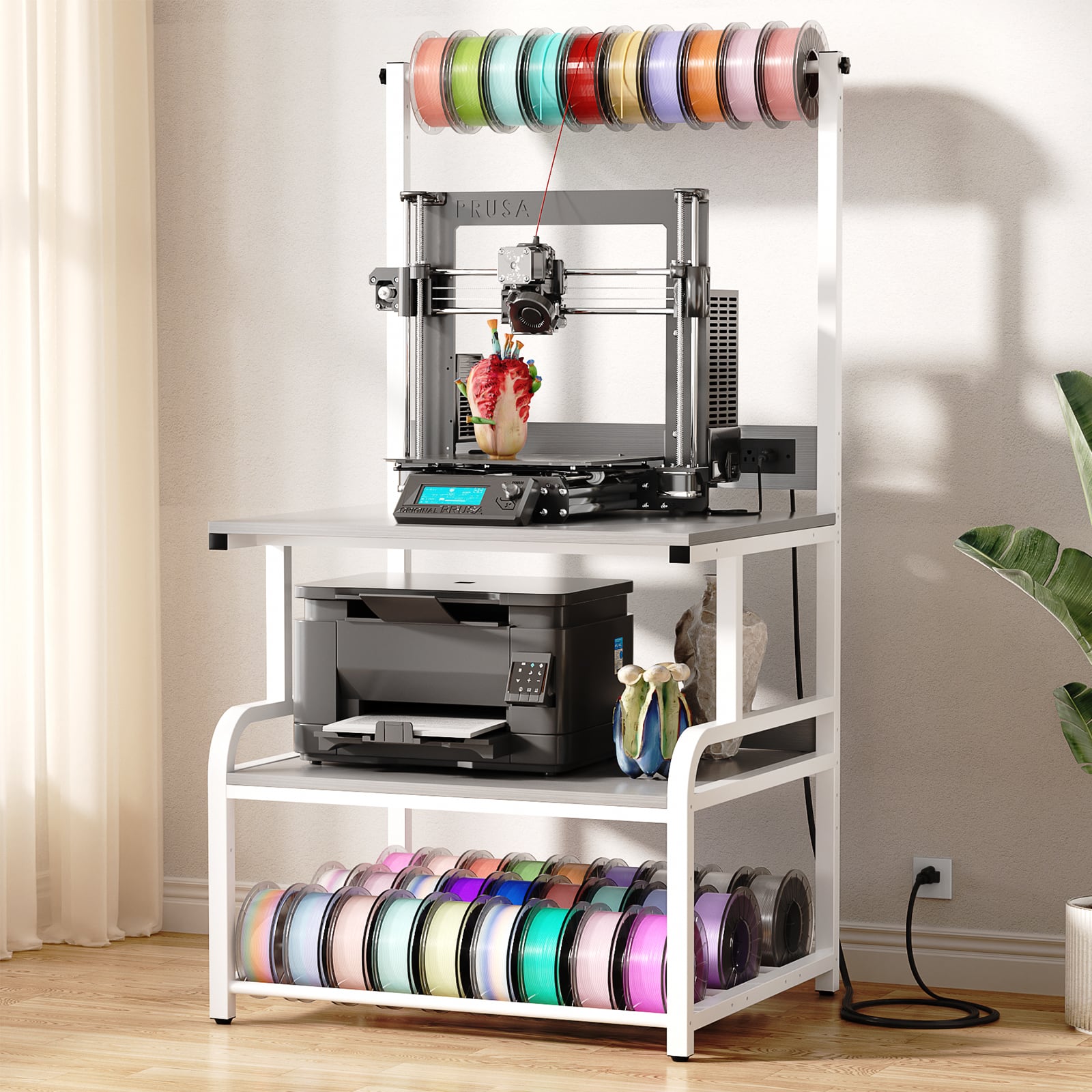 Aheaplus - 3D Printer Stand with Power Outlets, 3-Tier Rolling Printer Stand with Filament Storage - Gray