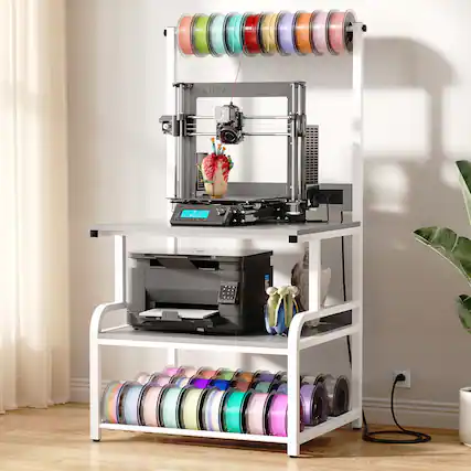 Front. Aheaplus - 3D Printer Stand with Power Outlets, 3-Tier Rolling Printer Stand with Filament Storage - Gray.