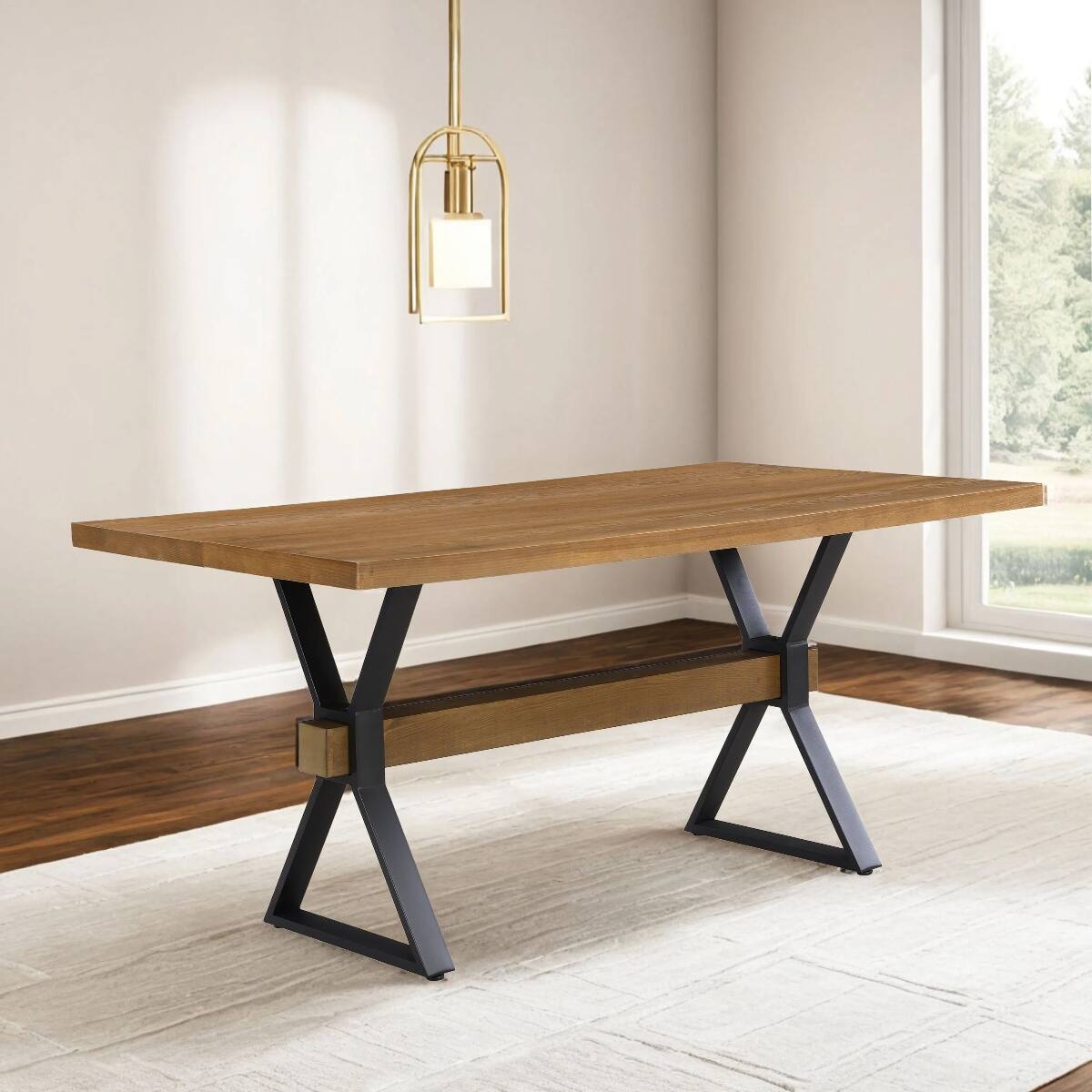 Left. Loheer - Loheer Brown Farmhouse Dining Table, X-Shaped Legs, Seats Six - Brown.
