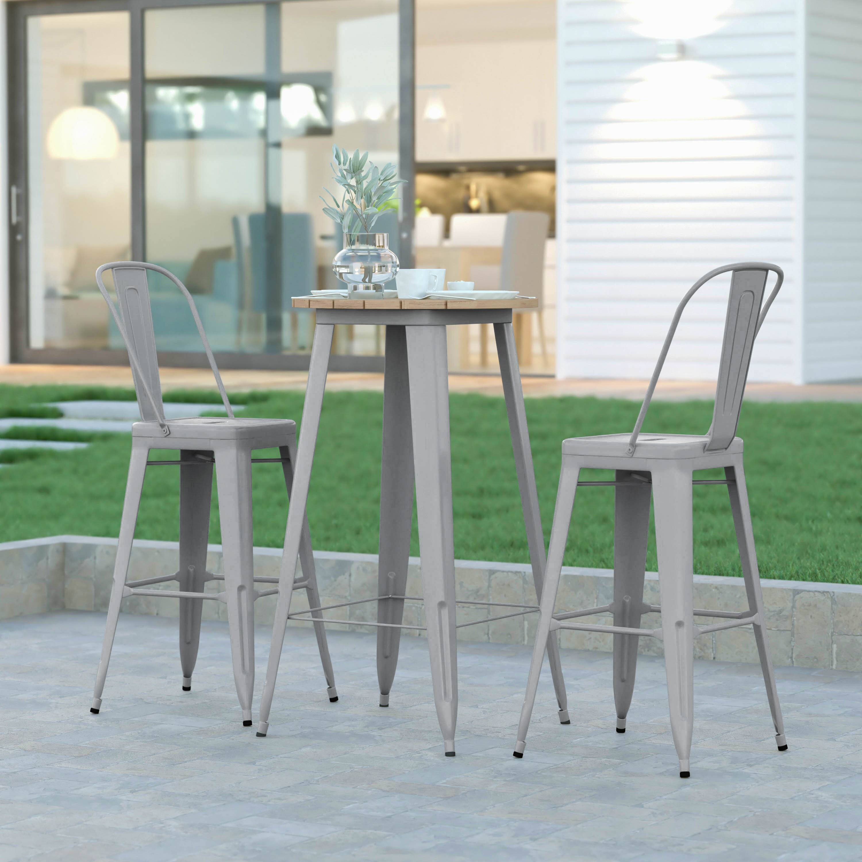 Alt View 1. Emma + Oliver - Drew Indoor/Outdoor Bar Top Table, 23.75" Round All Weather Poly Resin Top with Steel base - Brown Top/Silver Frame.