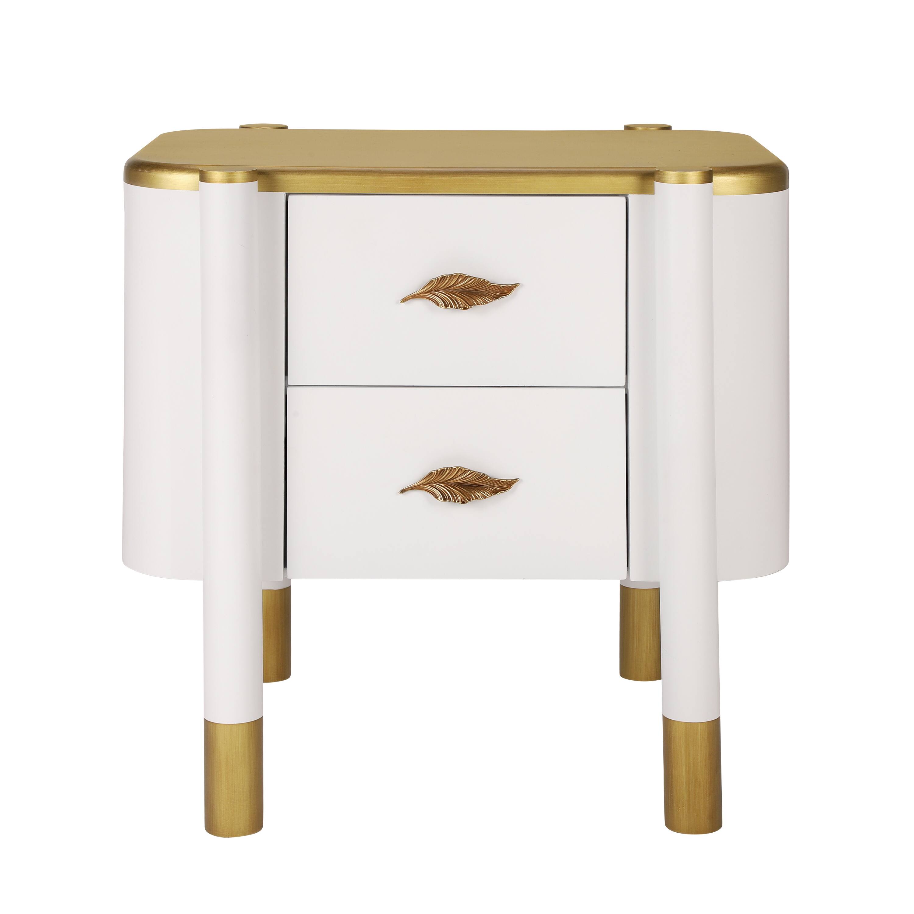 Angle. Whisen - 2-Drawer Nightstand with Curved Profile,Bedside Table with Feather-Shaped Handles and High Legs - White.