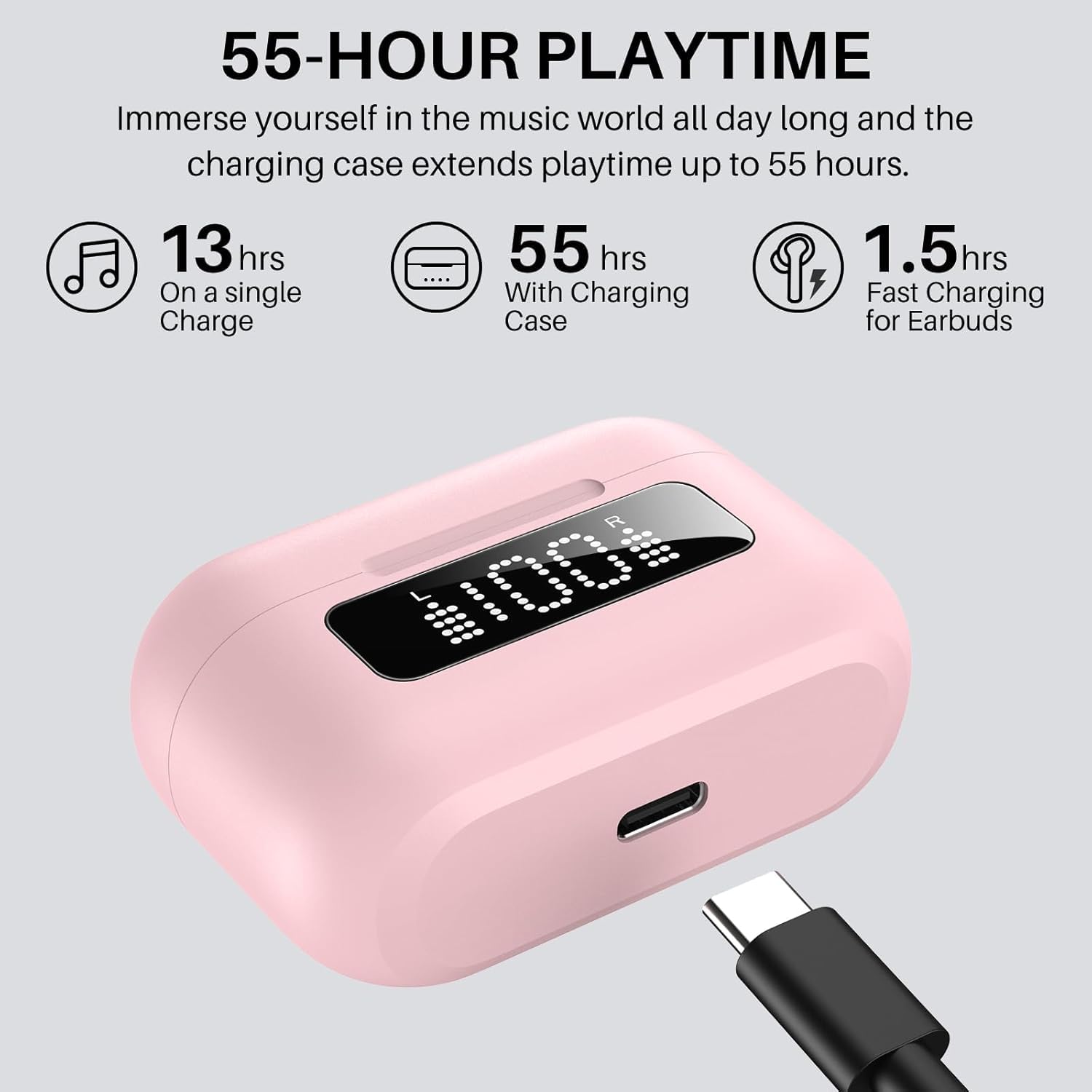 55-HOUR PLAYTIME Immerse yourself in the music world all day long and the charging case extends playtime up to 55 hours. 13 hrs On a single Charge 55 hrs With Charging Case 1.5 hrs Fast Charging for Earbuds #100L