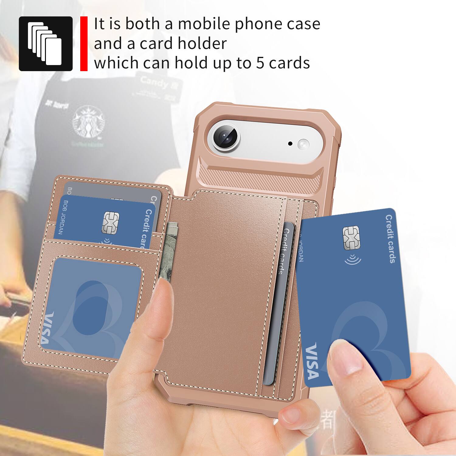 It is both a mobile phone case and a card holder which can hold up to 5 cards.