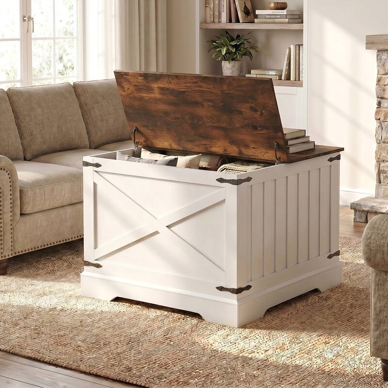 Alt View 2. WELLFOR - 31.5 " Farmhouse Lift Top Coffee Table  with Large Hidden Storage, Square Wood Center Table for Living Room - Rustic Brown.