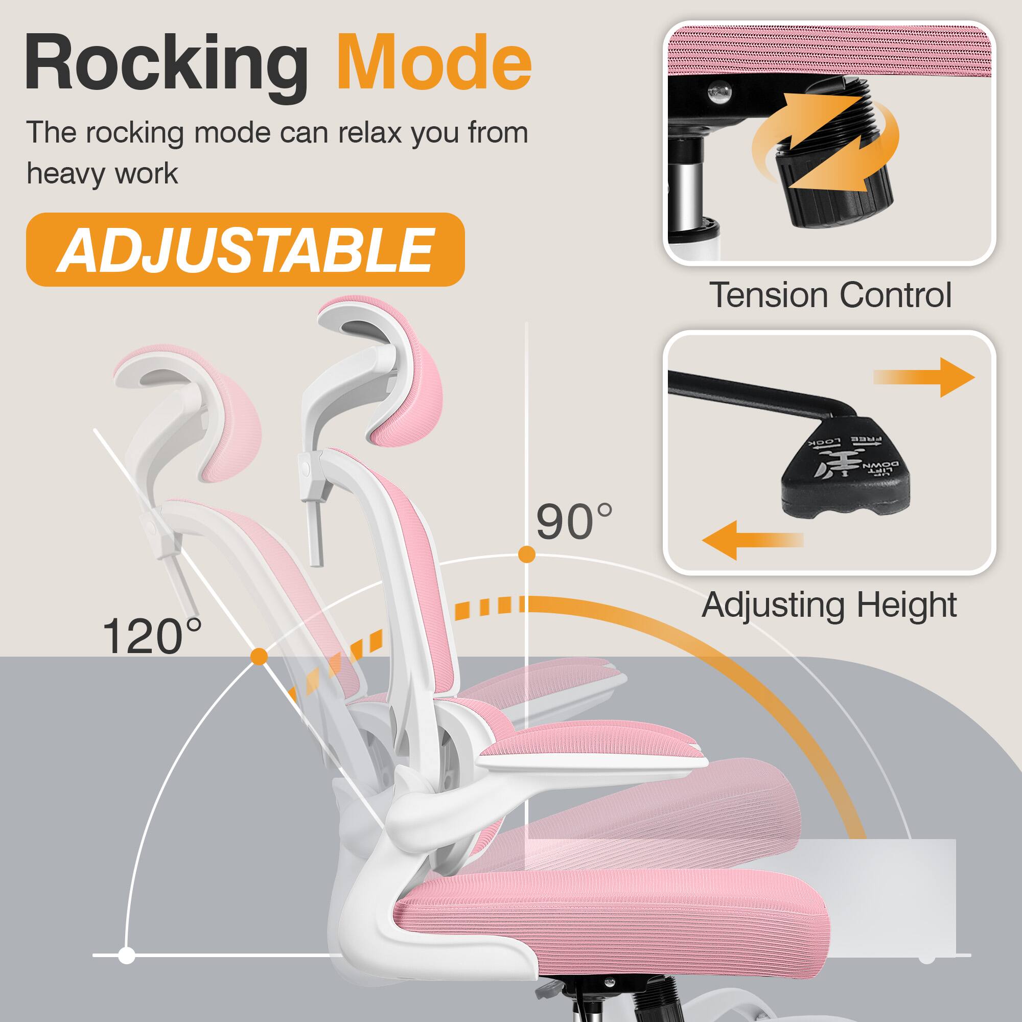 Rocking Mode  
The rocking mode can relax you from heavy work  

ADJUSTABLE  

Tension Control  

Adjusting Height  

120°  

90°