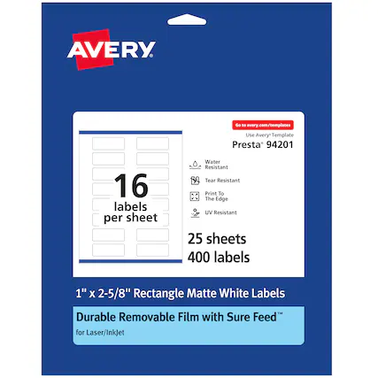 AVERY. Go to avery.com/templates Use Avery Template Presta 94201 16 labels per sheet Water Resistant Tear Resistant Print To The Edge UV Resistant 25 sheets 400 labels 1" X 2-5/8" Rectangle Matte White Labels Durable Removable Film with Sure Feed for Laser/InkJet