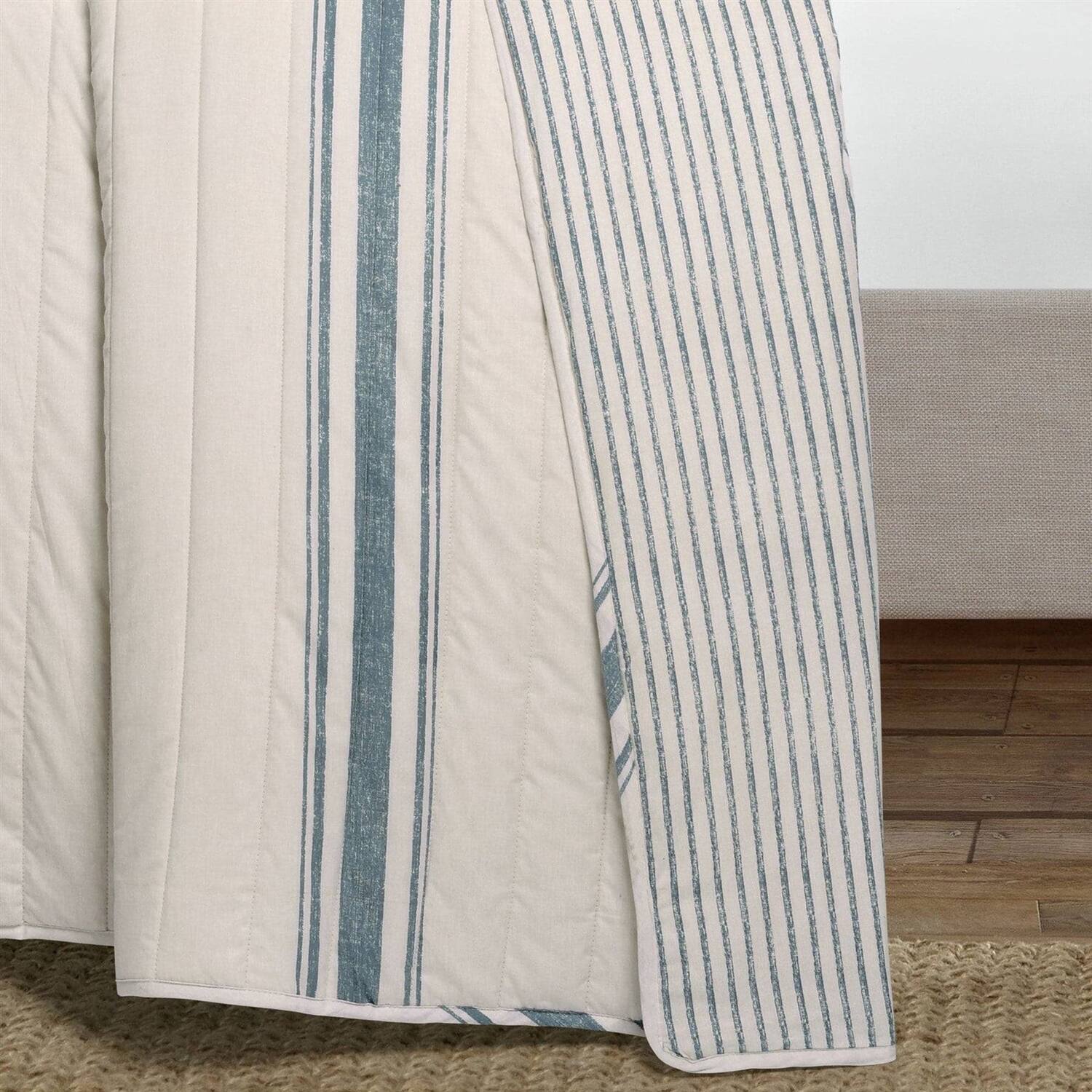 Back. Hivvago - King size Blue Off-White Cream Stripe 3 Piece Reversible Cotton Quilt Set - Blue, Off-White, Cream.