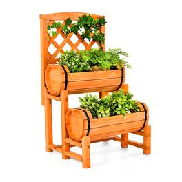 Gymax - 2-Tier Wooden Raised Garden Bed Container w/2 Cylindrical Planter Boxes & Trellis - Orange
