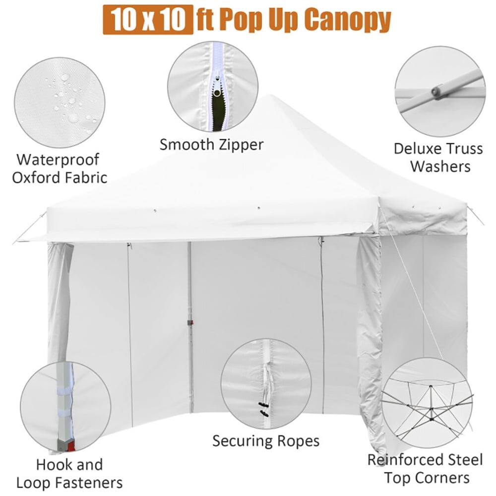 10 x 10 ft Pop Up Canopy

- Waterproof Oxford Fabric
- Smooth Zipper
- Deluxe Truss Washers
- Hook and Loop Fasteners
- Securing Ropes
- Reinforced Steel Top Corners