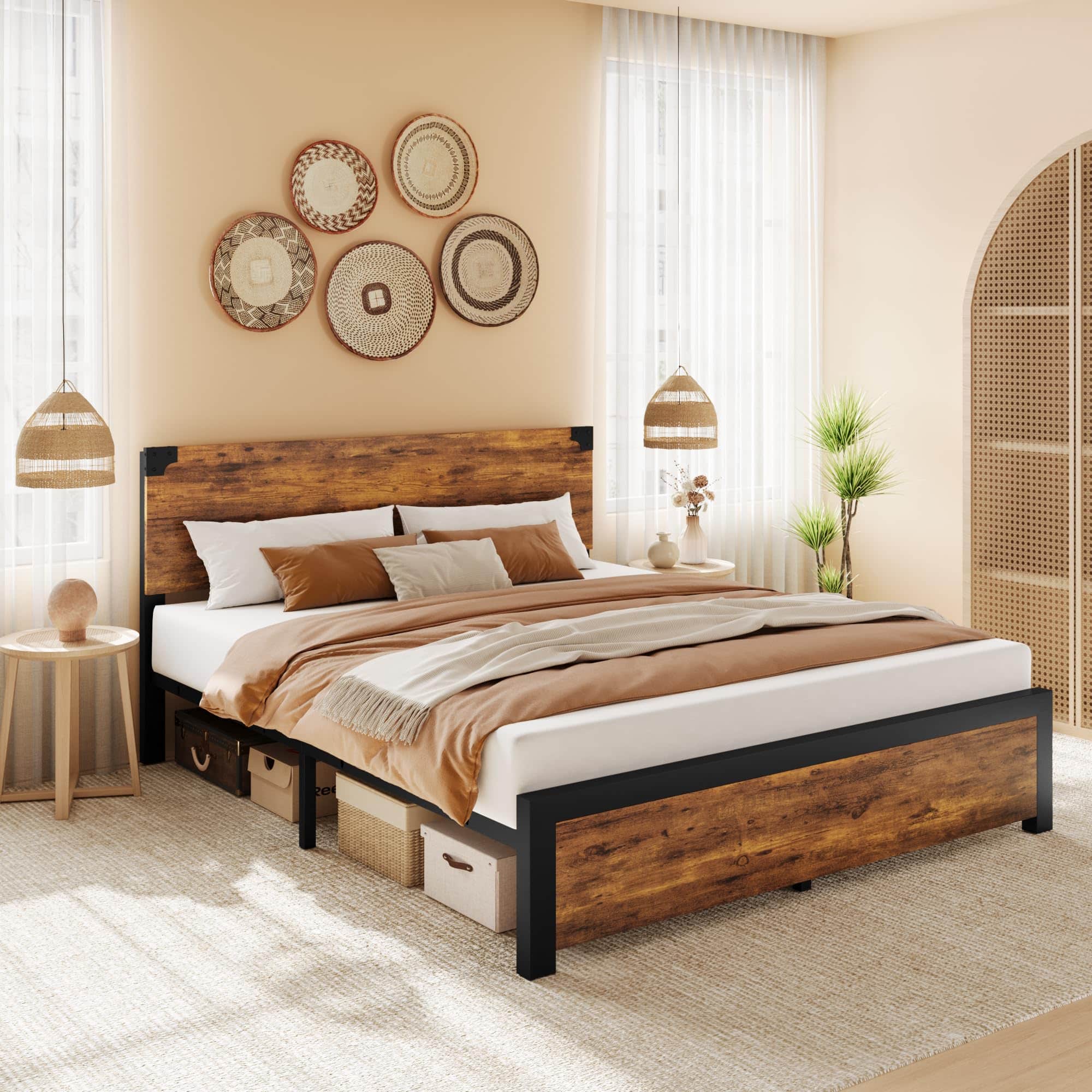Homhougo - Queen Size Bed Frame with Wood Headboard, Queen Platform Bed Frame - Brown