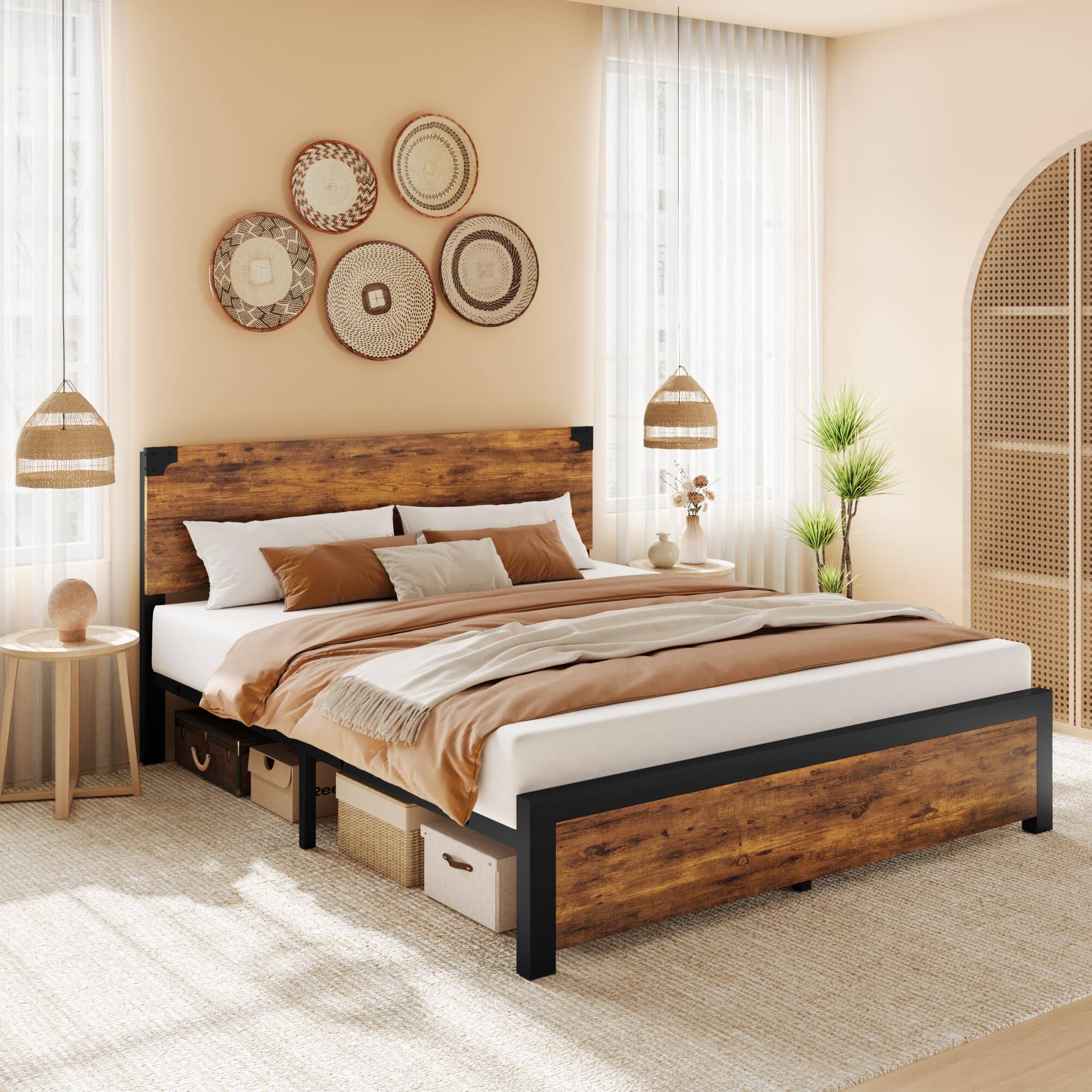 Front. Homhougo - Queen Size Bed Frame with Wood Headboard, Queen Platform Bed Frame - Brown.