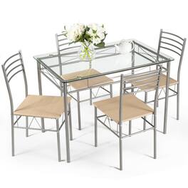 Ecooso - Modern 5 Piece Glass Dining Table Set with 4 Chairs for Kitchen or Dining Space - Natural & Silver