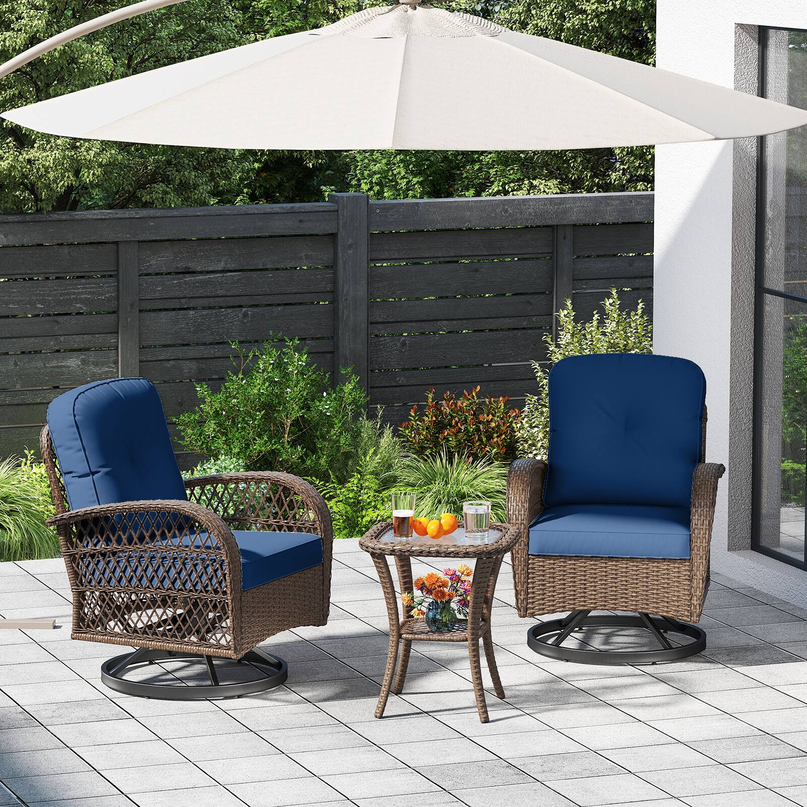 Alt View 4. Gymax - Gymax 3PCS Patio Swivel Rocker Set Gliding Bistro Furniture Set w/Tempered Glass Table - Blue.
