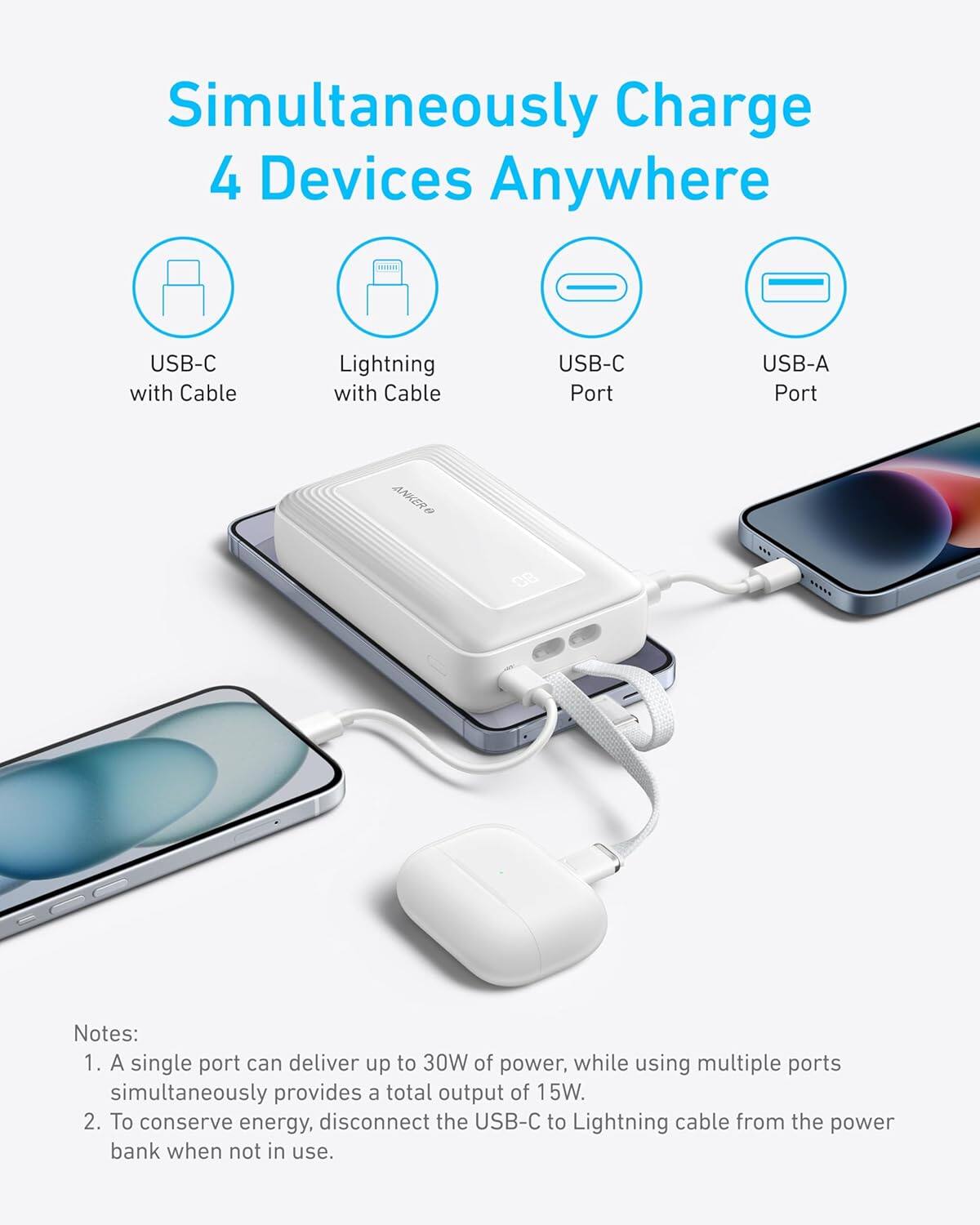 Simultaneously Charge 4 Devices Anywhere

- USB-C with Cable
- Lightning with Cable
- USB-C Port
- USB-A Port

Notes:
1. A single port can deliver up to 30W of power, while using multiple ports simultaneously provides a total output of 15W.
2. To conserve energy, disconnect the USB-C to Lightning cable from the power bank when not in use.