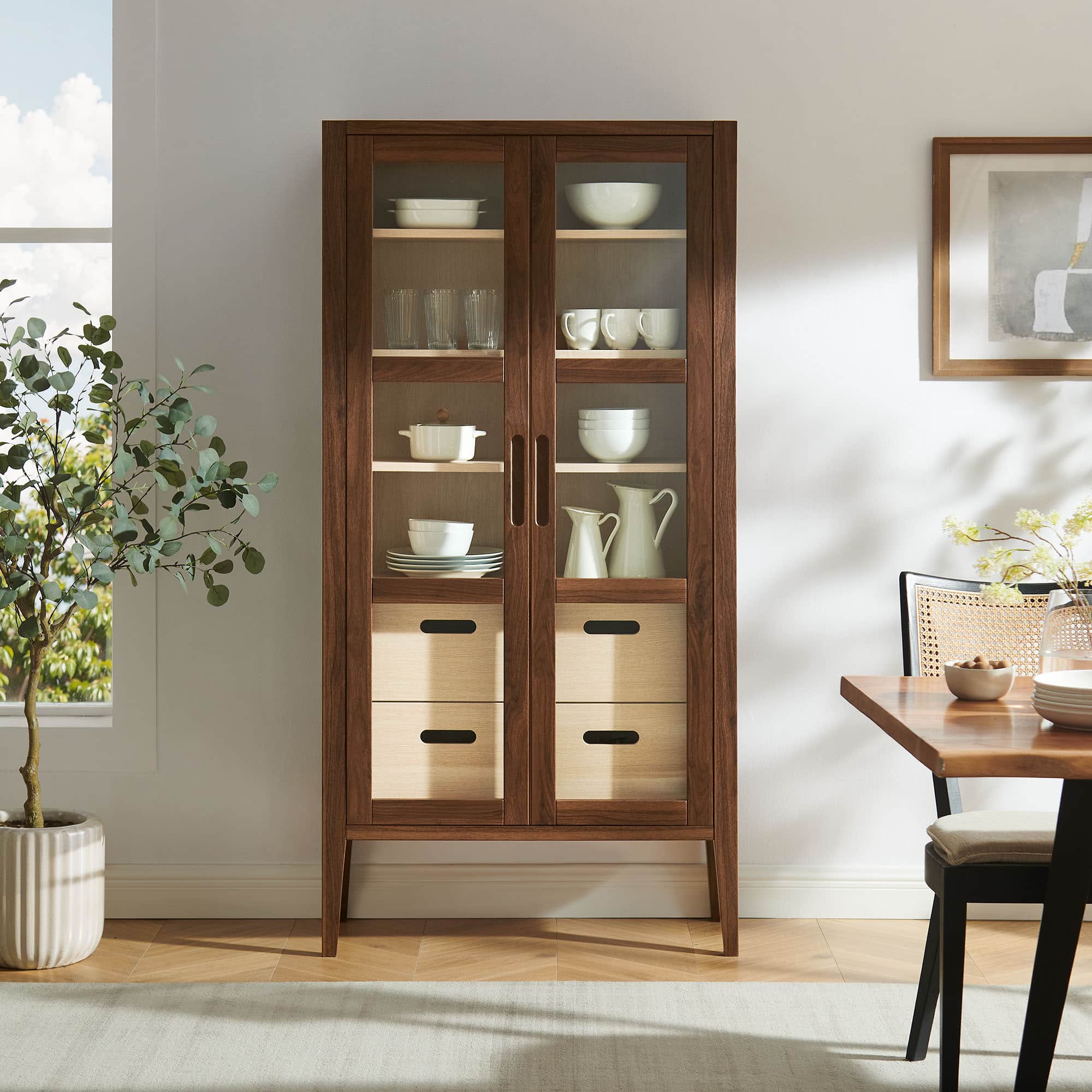 Nell 71" Glass Door Tall Display Storage Cabinet by Modway - Walnut