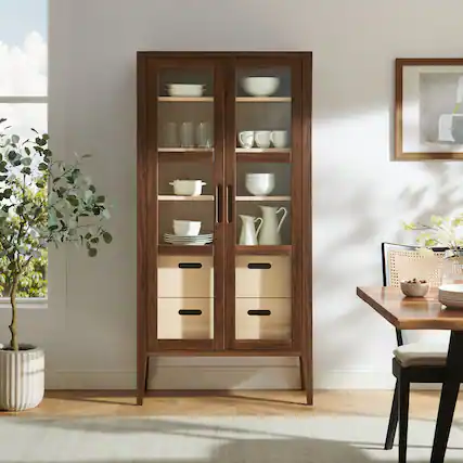Front. Modway - Nell 71" Glass Door Tall Display Storage Cabinet by Modway - Walnut.
