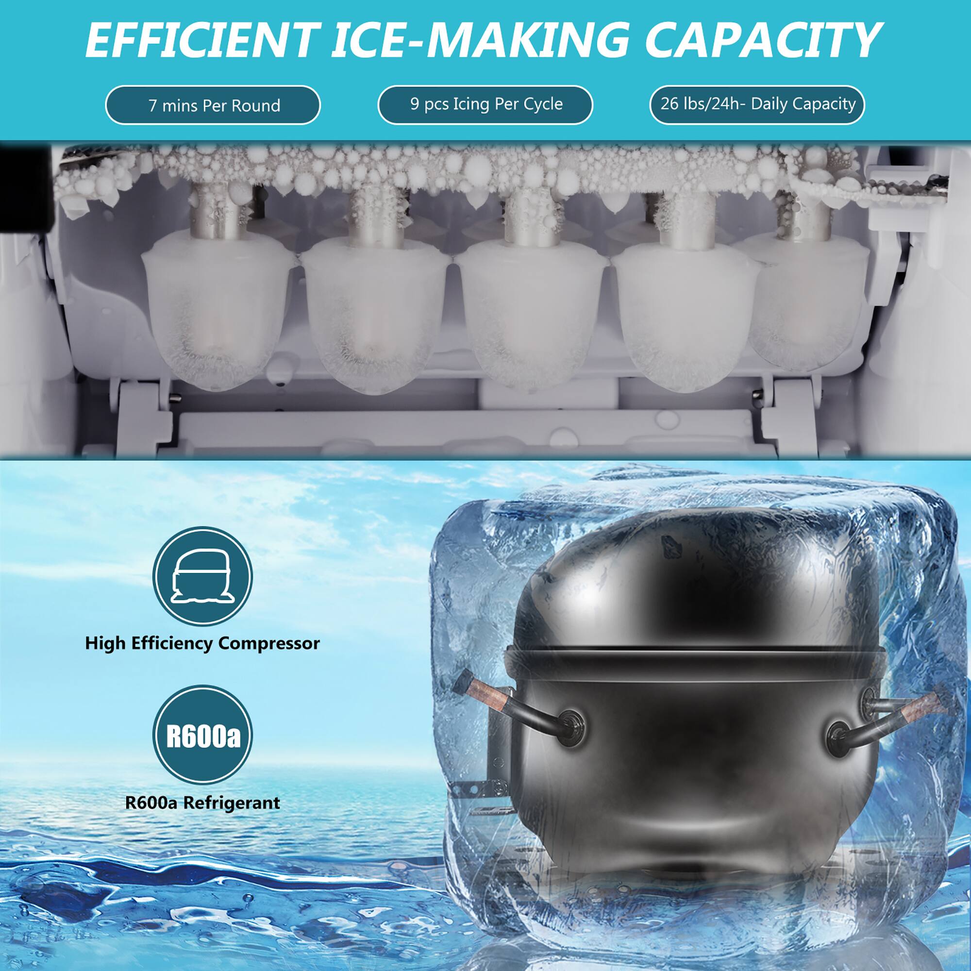 EFFICIENT ICE-MAKING CAPACITY

- 7 mins Per Round
- 9 pcs Icing Per Cycle
- 26 lbs/24h - Daily Capacity

High Efficiency Compressor

R600a Refrigerant