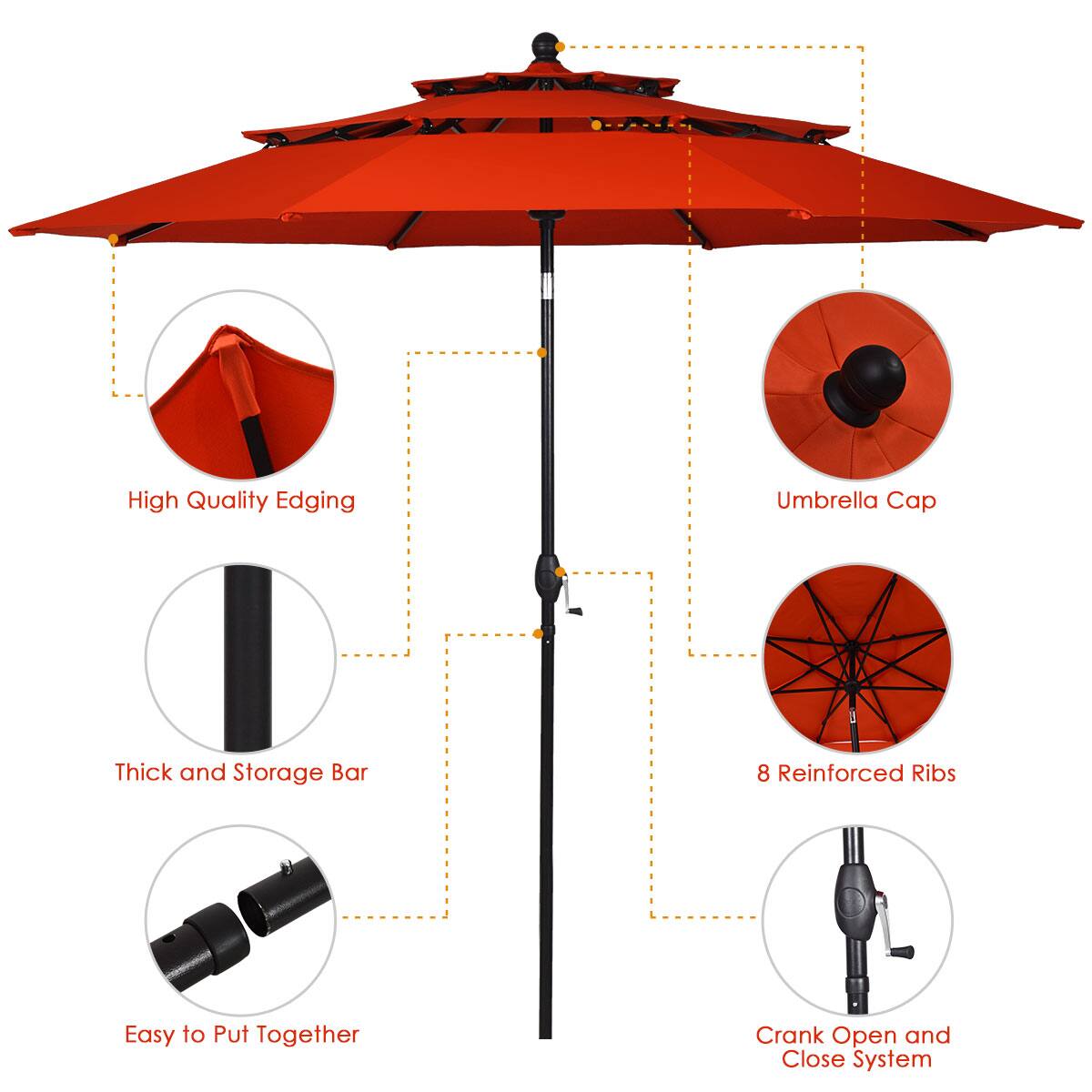 High Quality Edging  
Umbrella Cap  
Thick and Storage Bar  
8 Reinforced Ribs  
Easy to Put Together  
Crank Open and Close System