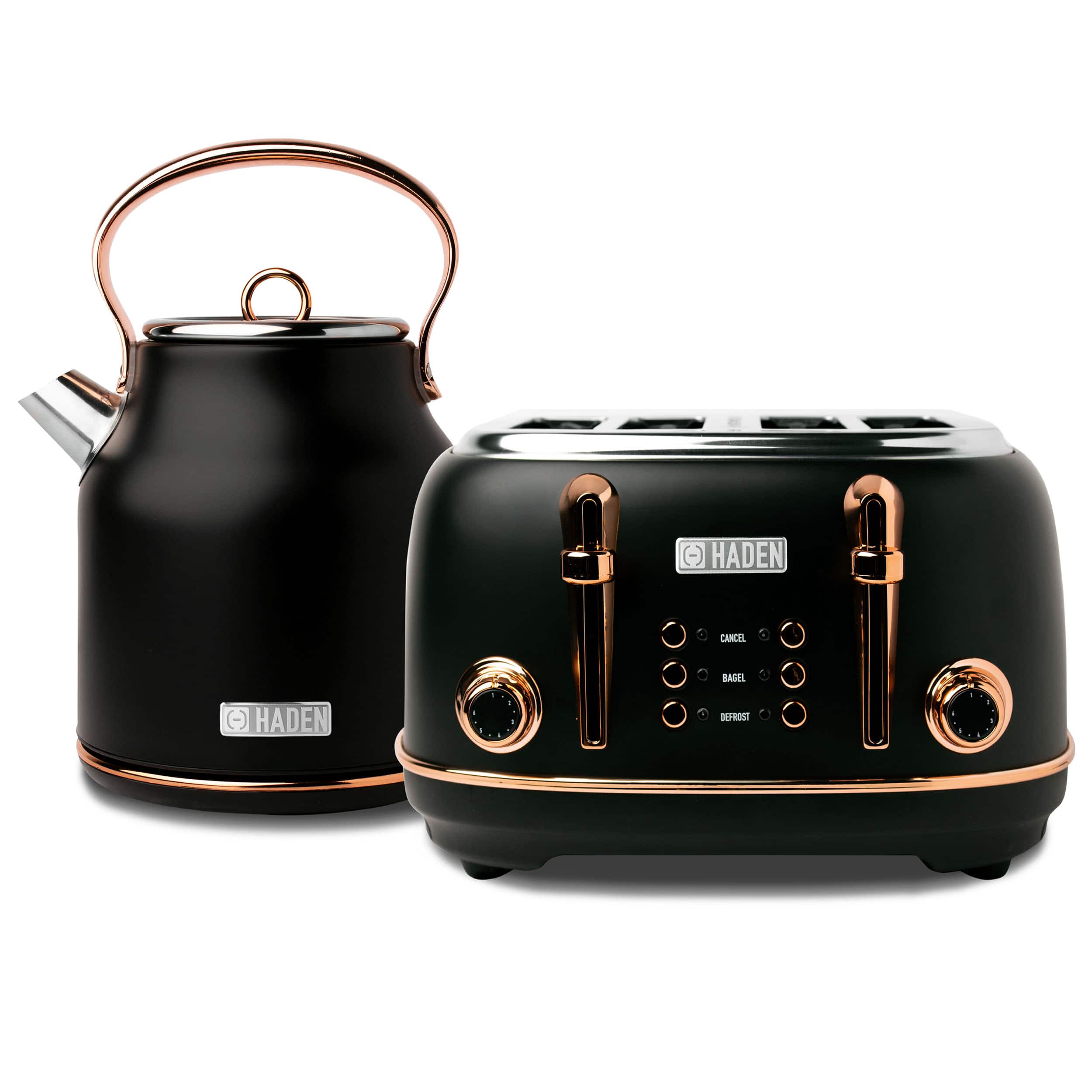 Haden - Heritage 4 Slice Wide Slot Toaster & Electric Kettle, Black & Copper - Black / Copper