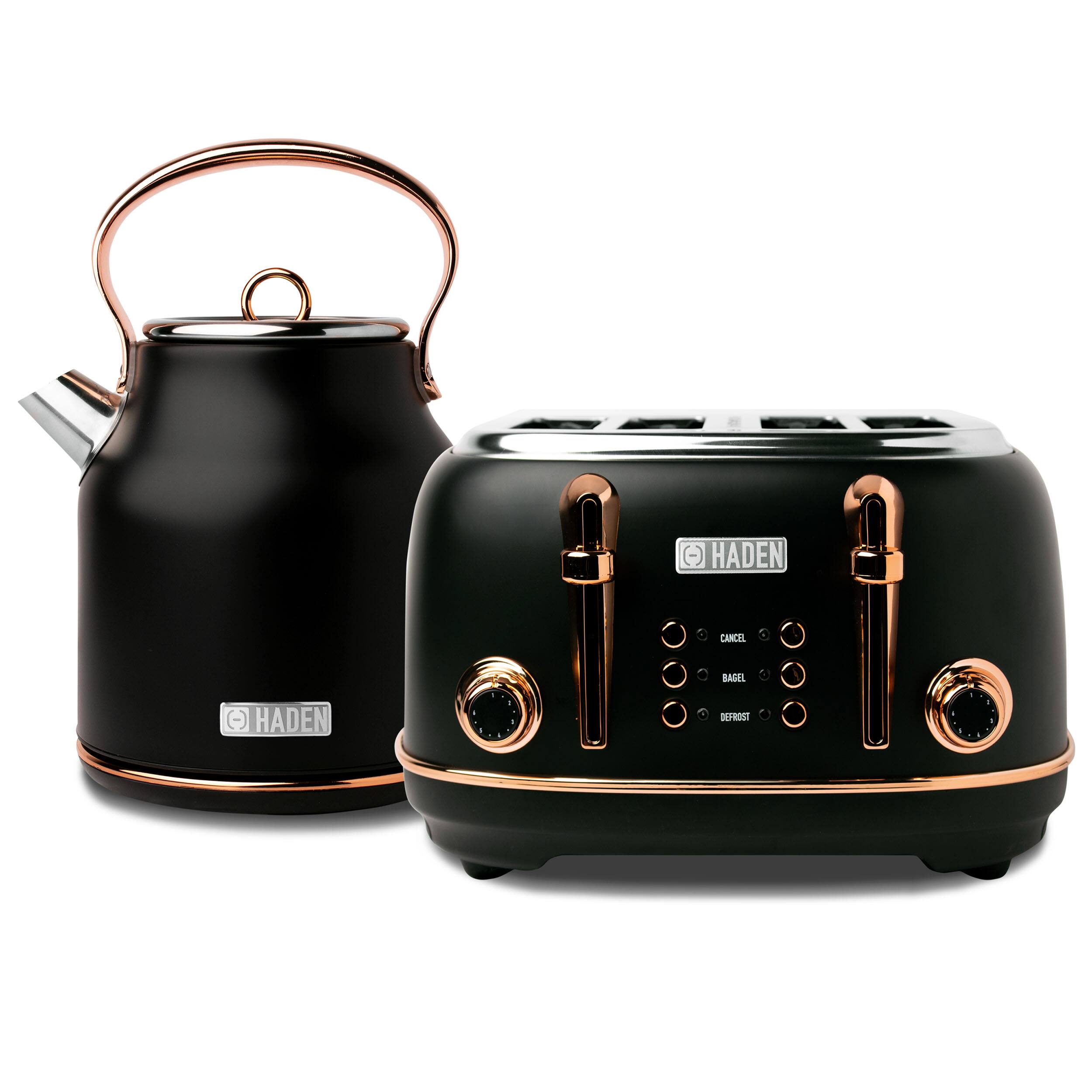 Haden - Heritage 4 Slice Wide Slot Toaster & Electric Kettle, Black & Copper - Black / Copper