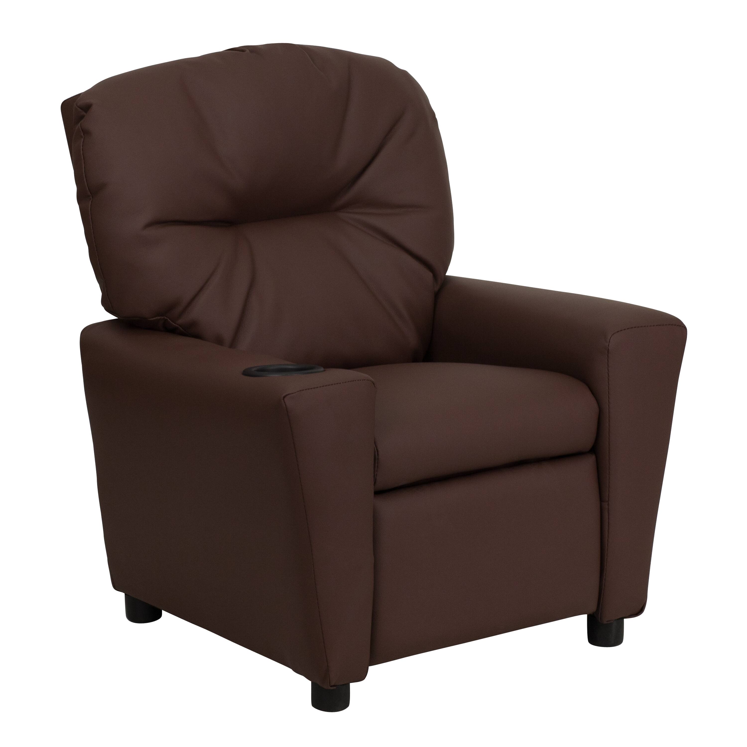 Front. Emma + Oliver - Contemporary Kids Recliner with Cup Holder - Brown LeatherSoft.