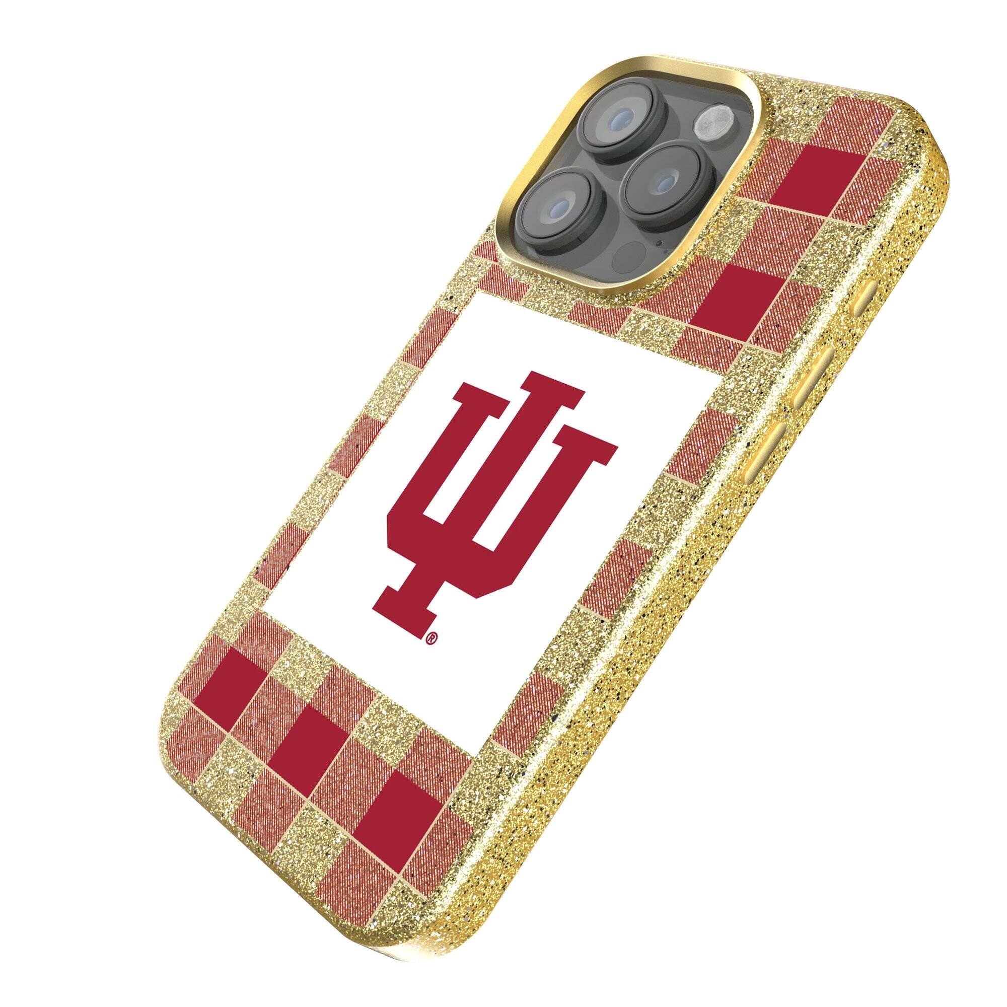 Alt View 1. Keyscaper - Indiana Hoosiers Plaid Bling iPhone Case - 15 Plus - Gold.