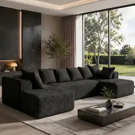 Meqiodas - 130" Boneless Couch, Cloud Couch Sectional, Corduroy Sofa for Living Room, U Shaped Modular Sofa, No Assembly - Black