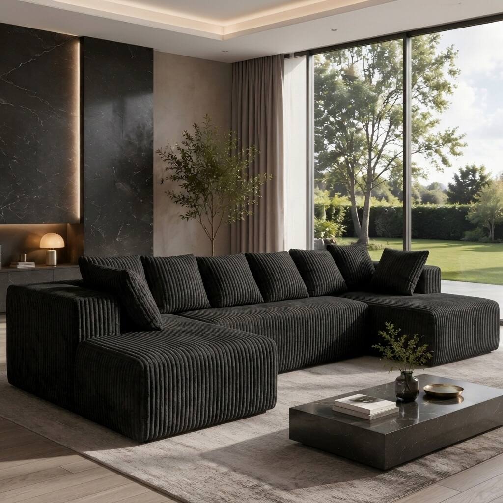Meqiodas - 130" Boneless Couch, Cloud Couch Sectional, Corduroy Sofa for Living Room, U Shaped Modular Sofa, No Assembly - Black